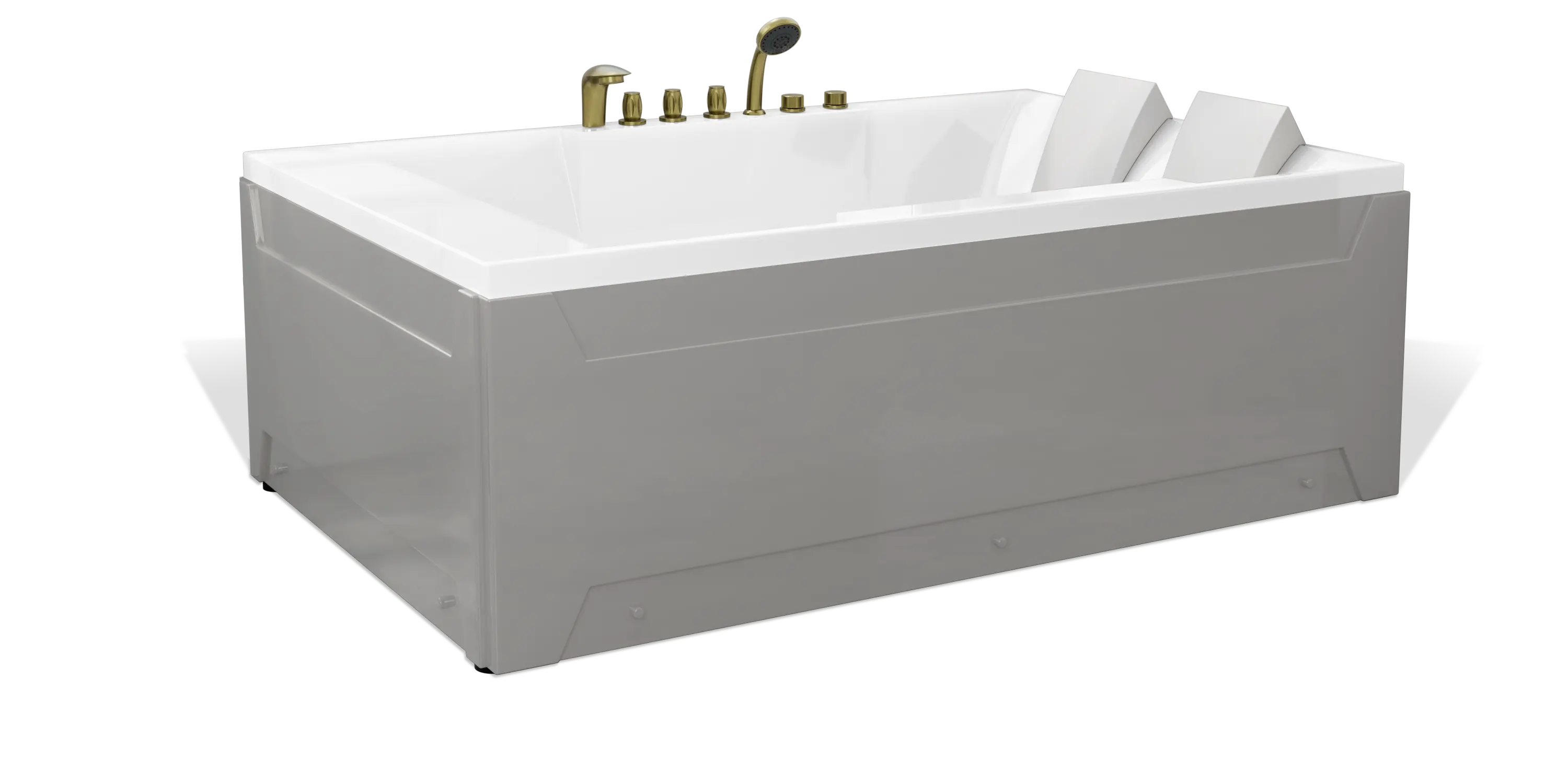 A modern rectangular freestanding Empava bathtub with sleek white finishes. It features metallic fixtures, including a faucet and control knobs along the back edge. Two comfortable-looking headrests are positioned at each end of the tub.