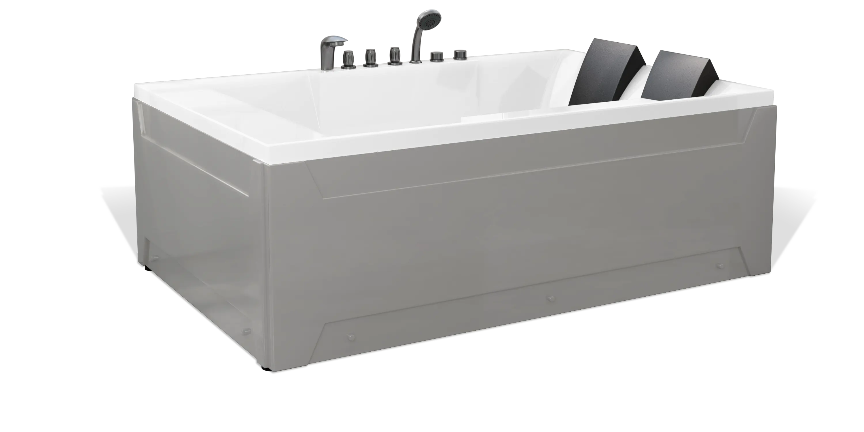 The Empava modern, rectangular freestanding bathtub features a sleek grey exterior and white interior. It includes black headrests, multiple faucet controls, and a handheld showerhead attachment. Designed for two people, this tub enhances relaxation and comfort.
