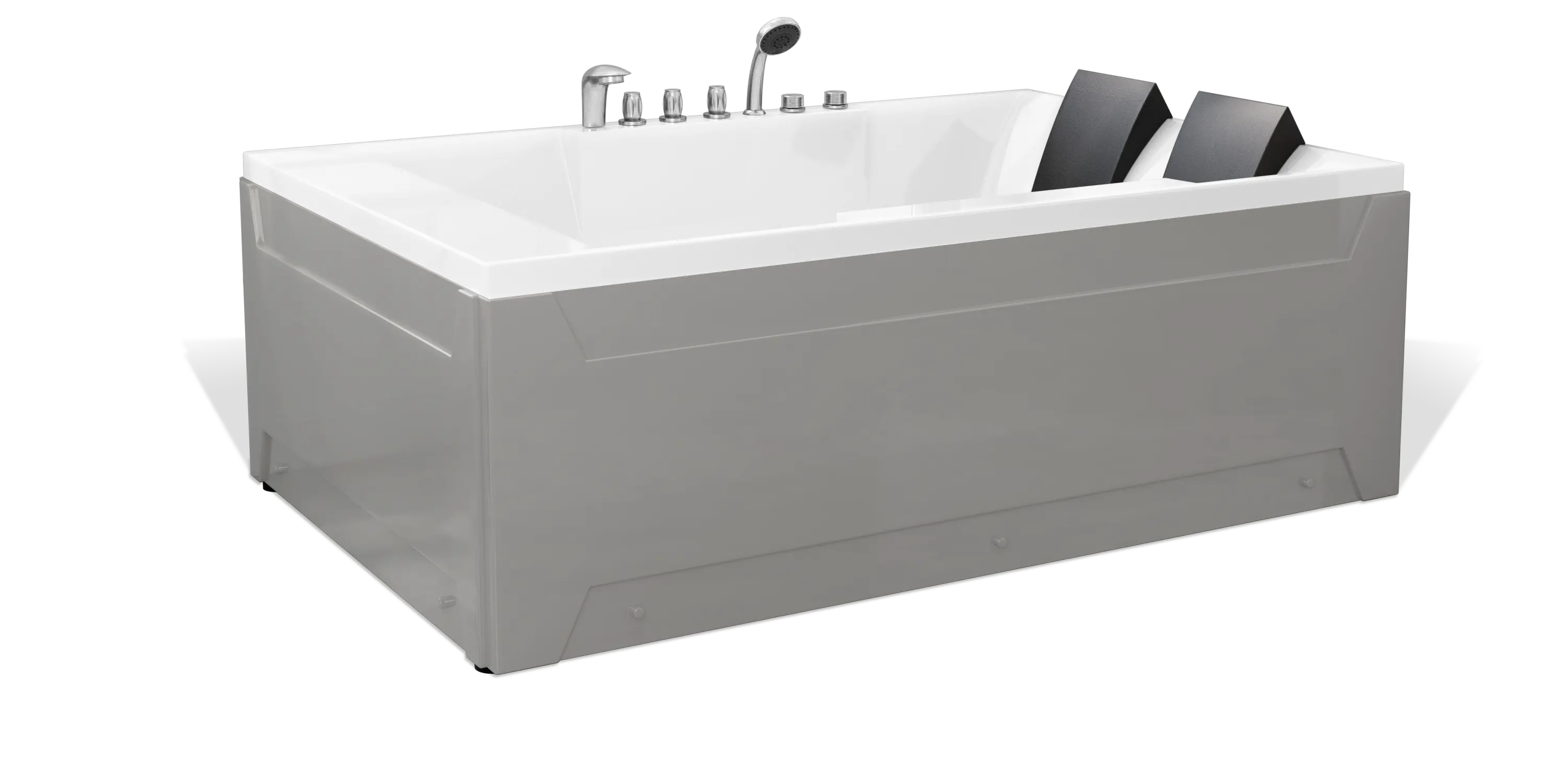 A modern, rectangular, freestanding Empava bathtub with a gray exterior and white interior. It has two black headrests on one side and multiple silver faucet and control fixtures on the top edge. The bathtub has a sleek, contemporary design.