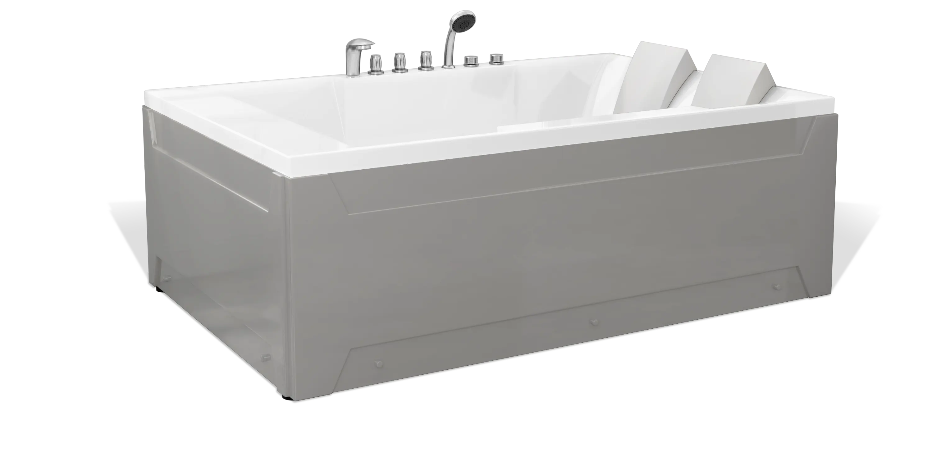 The Empava modern white bathtub boasts a sleek, rectangular design. It features silver faucets, a showerhead, and control knobs on one end. The tub has built-in headrests for two people, angled for comfort. The sides of the tub are smooth with minimalist paneling, epitomizing contemporary elegance.
