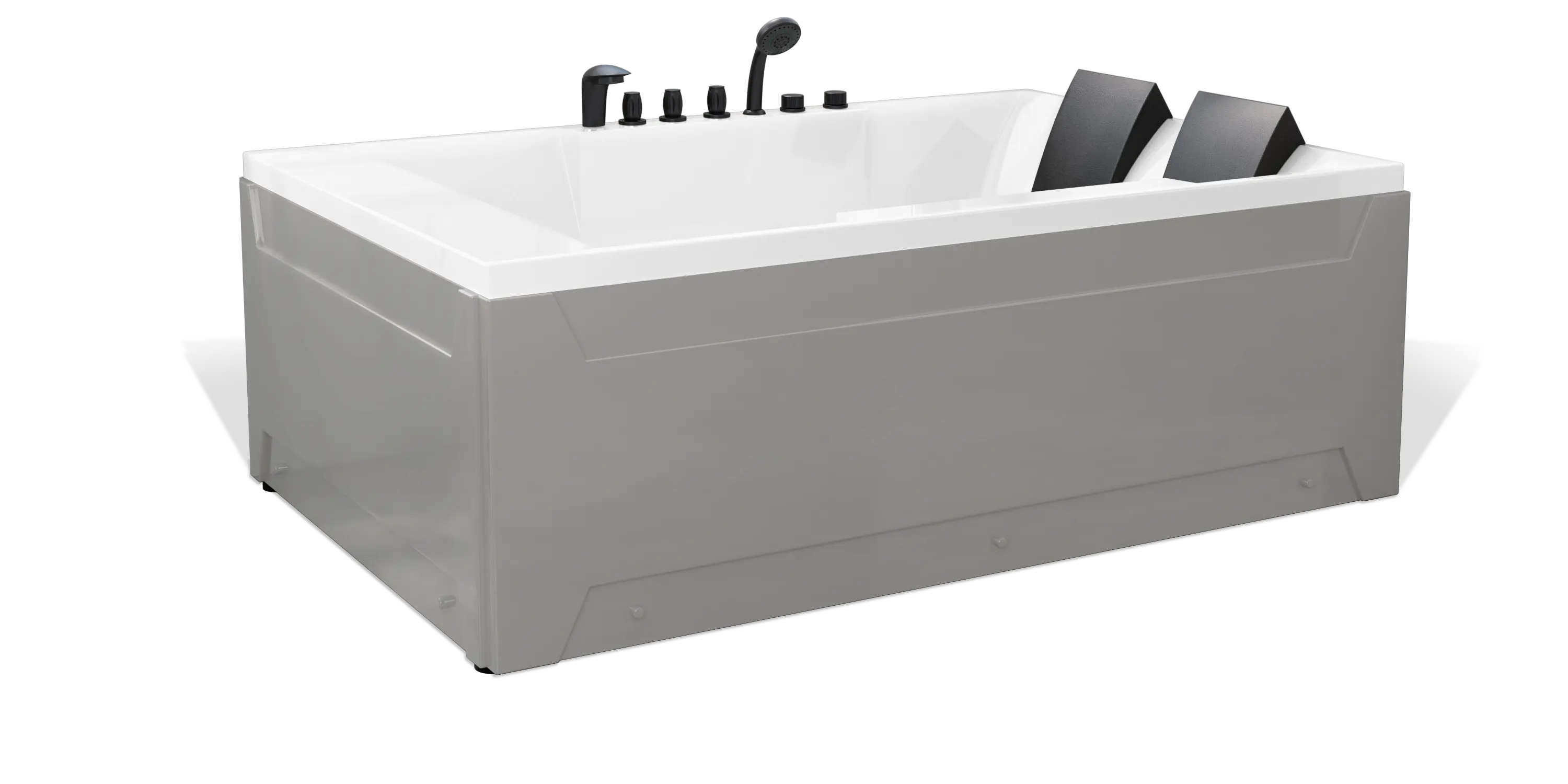 A modern rectangular Empava bathtub with a sleek gray exterior. It features black dual headrests and a set of black faucet fixtures, including a spout and control knobs, positioned on one side of the tub. The free-standing bathtub appears designed for two people.