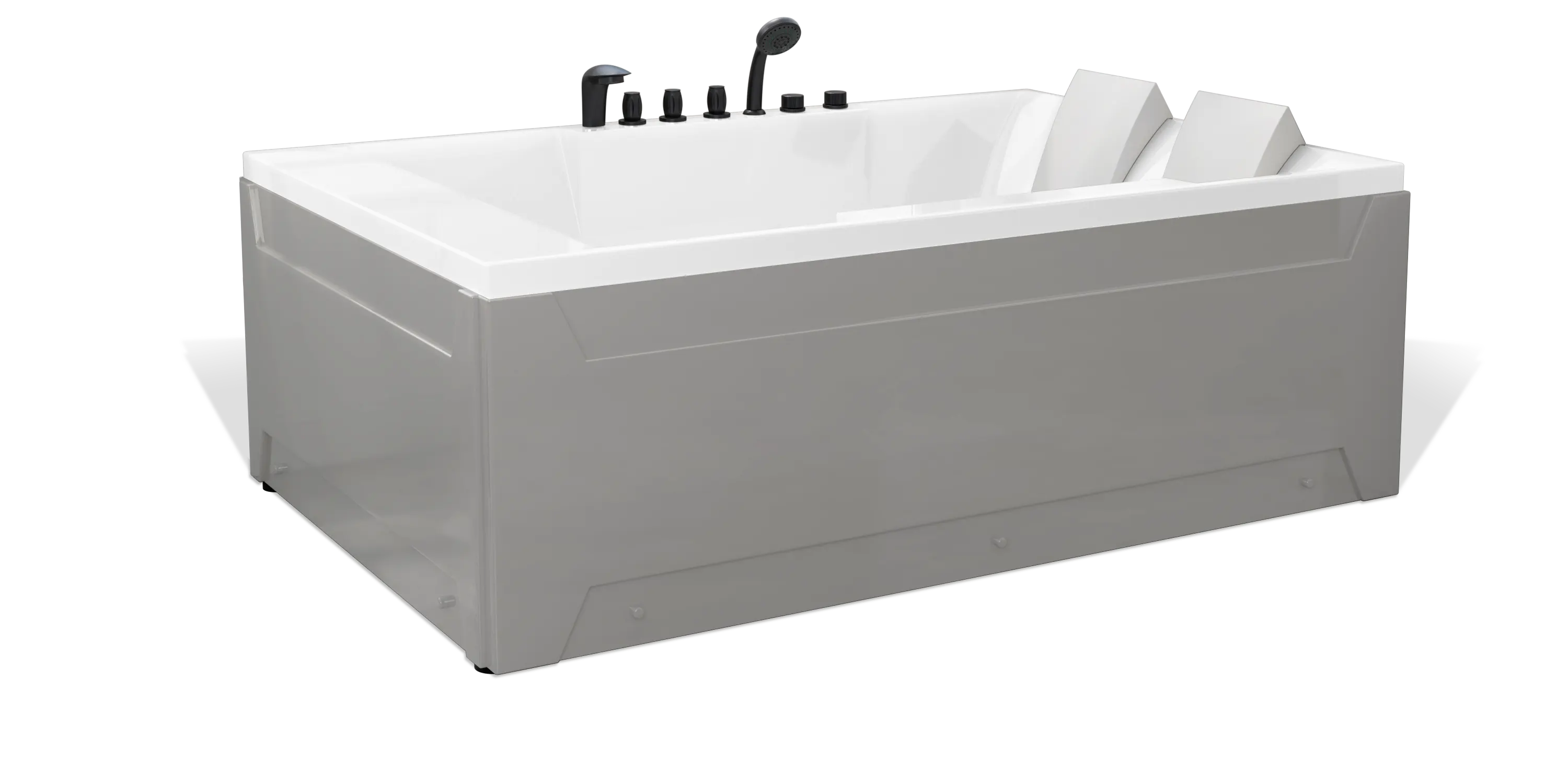 A modern, rectangular Empava bathtub with a sleek, white interior and gray exterior. The tub features built-in headrests and multiple black fixtures, including a faucet, handles, and a showerhead. The freestanding design ensures no walls or surroundings are visible.