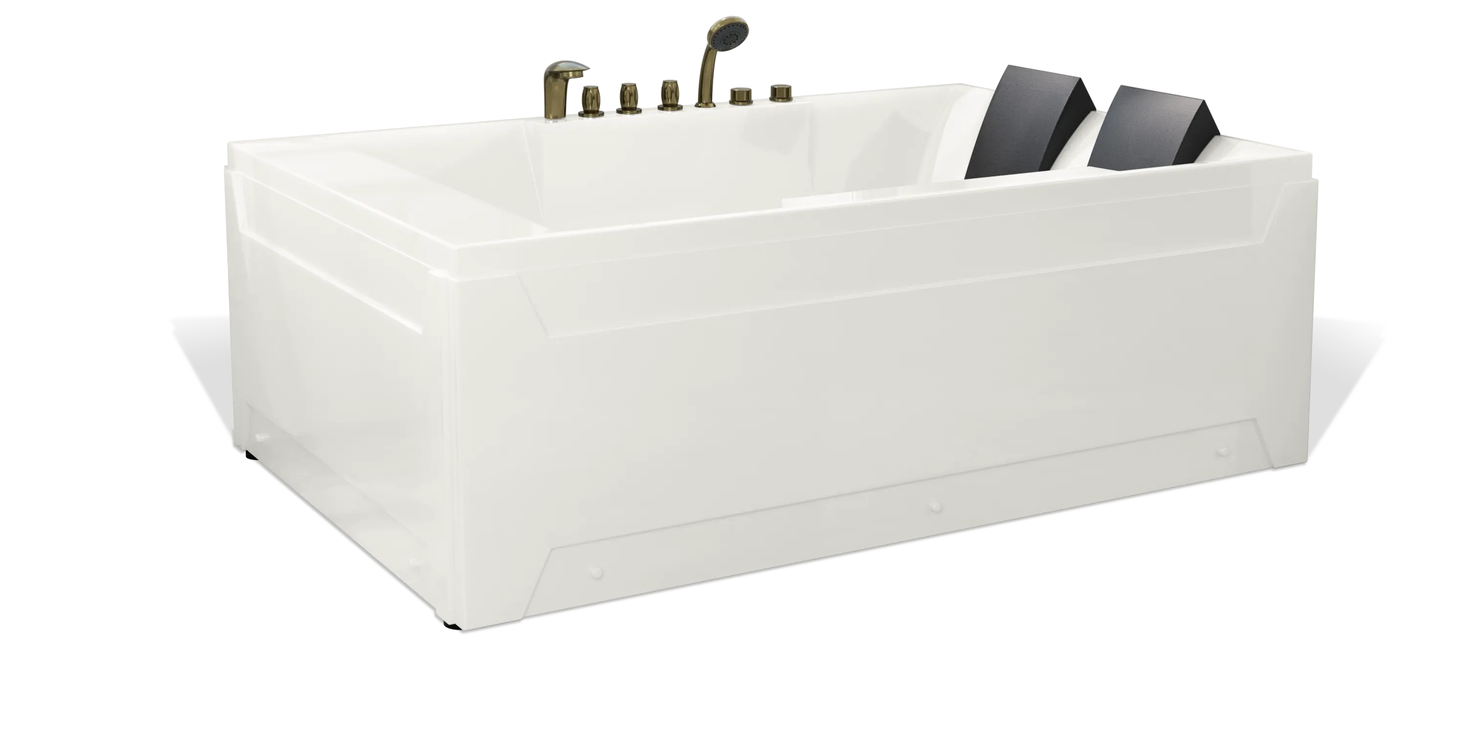 An Empava sleek, modern white bathtub with clean lines, equipped with dual black headrests and multiple silver fixtures, including a faucet, knobs, and a handheld showerhead. The rectangular bathtub is designed for comfort and luxury.