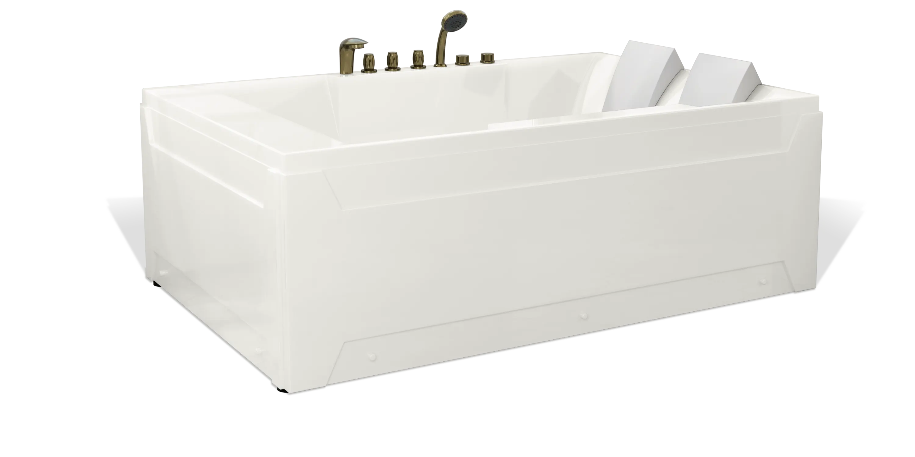 A white rectangular Empava bathtub with a modern, sleek design and built-in headrests. It features multiple faucet handles and a handheld shower attachment on one side, showcasing its luxurious and functional design.