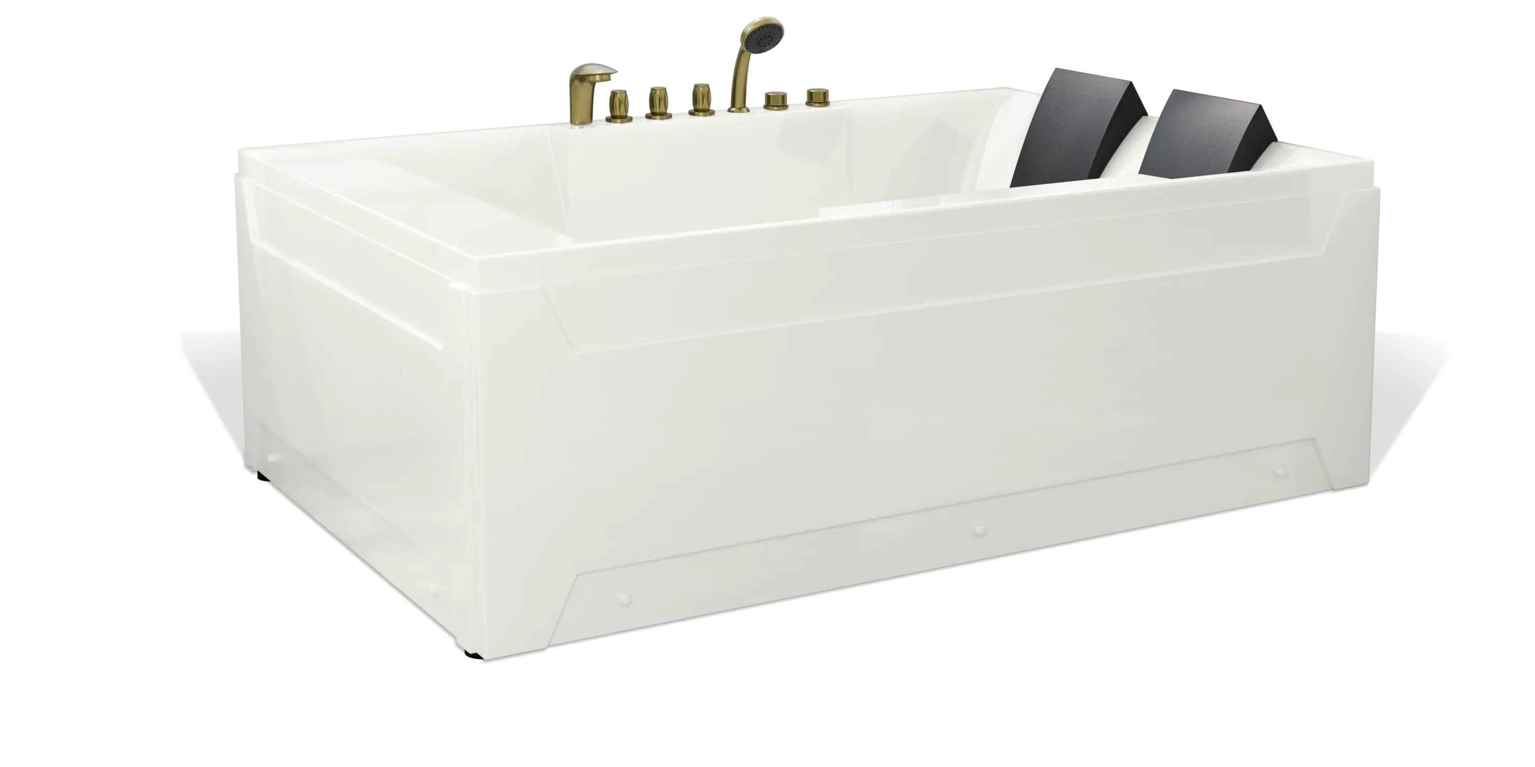 An Empava modern, white rectangular bathtub with black headrests for two people features sleek, metallic faucets and controls mounted on the top edge of the tub. The bathtub has a clean, minimalist design.