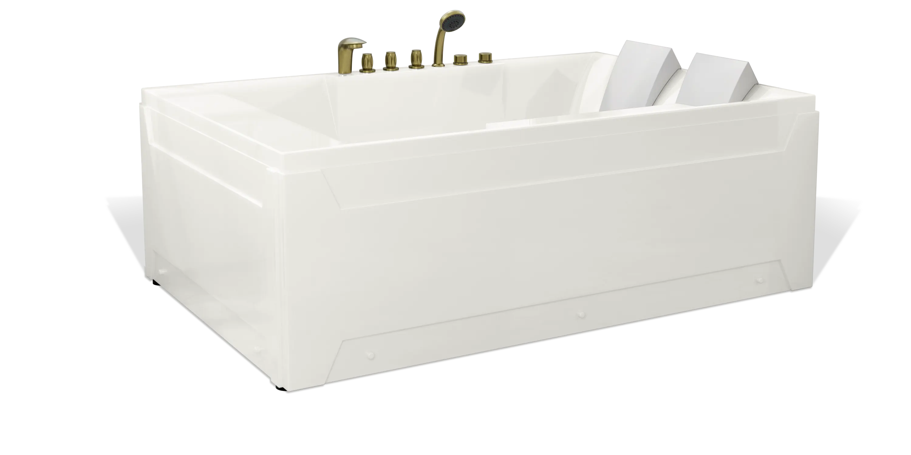 A modern, white rectangular Empava bathtub with a flat base, featuring dual headrests and brass fixtures including a faucet, handheld shower, and temperature control knobs on the rim. The tub appears clean and sleek with a minimalist design.