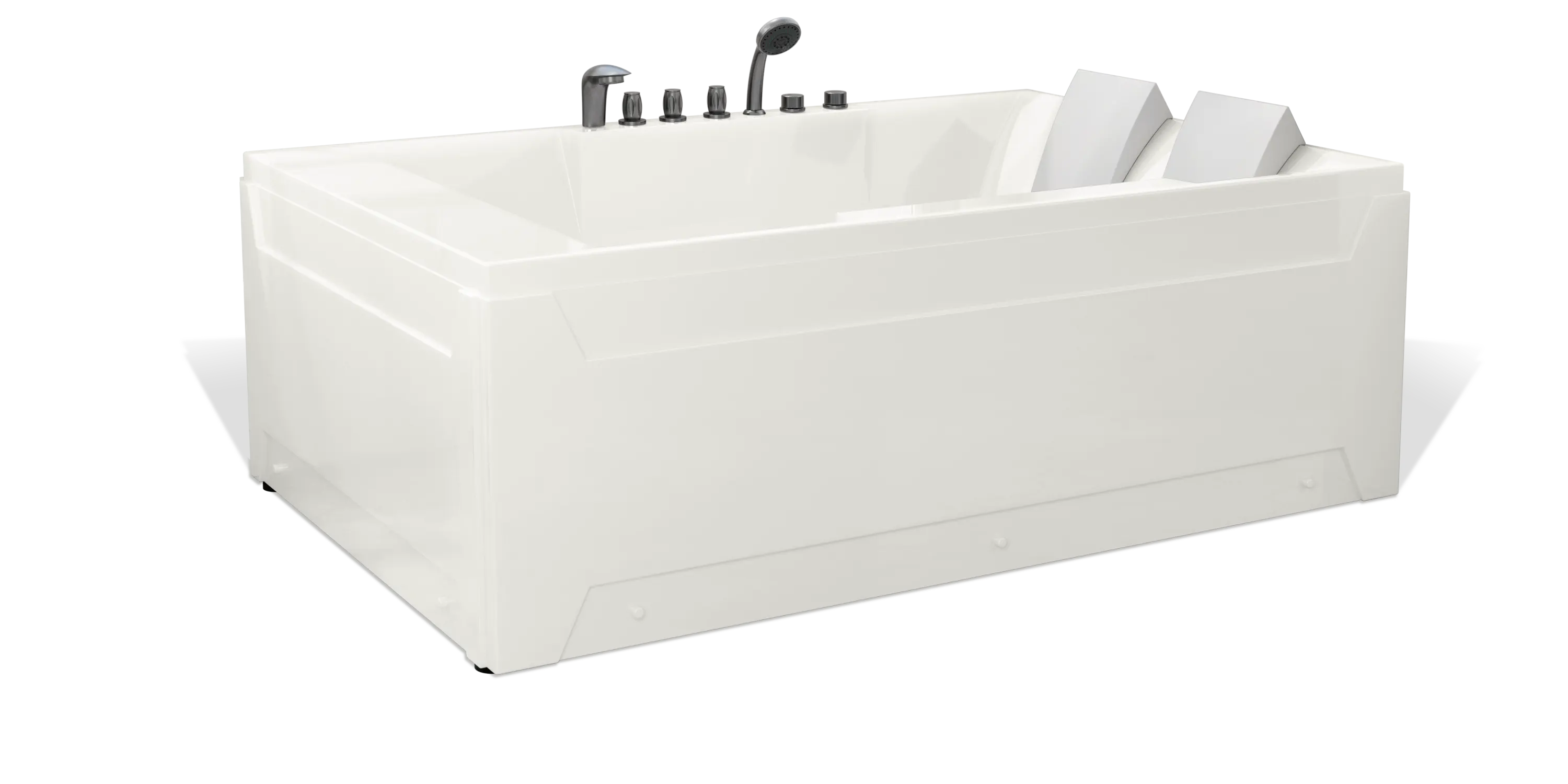 A modern white Empava bathtub with clean, angular lines. It features sleek, integrated headrests, multiple faucet knobs, and a handheld showerhead designed for comfort and convenience. The tub is free-standing, with a glossy, smooth finish.