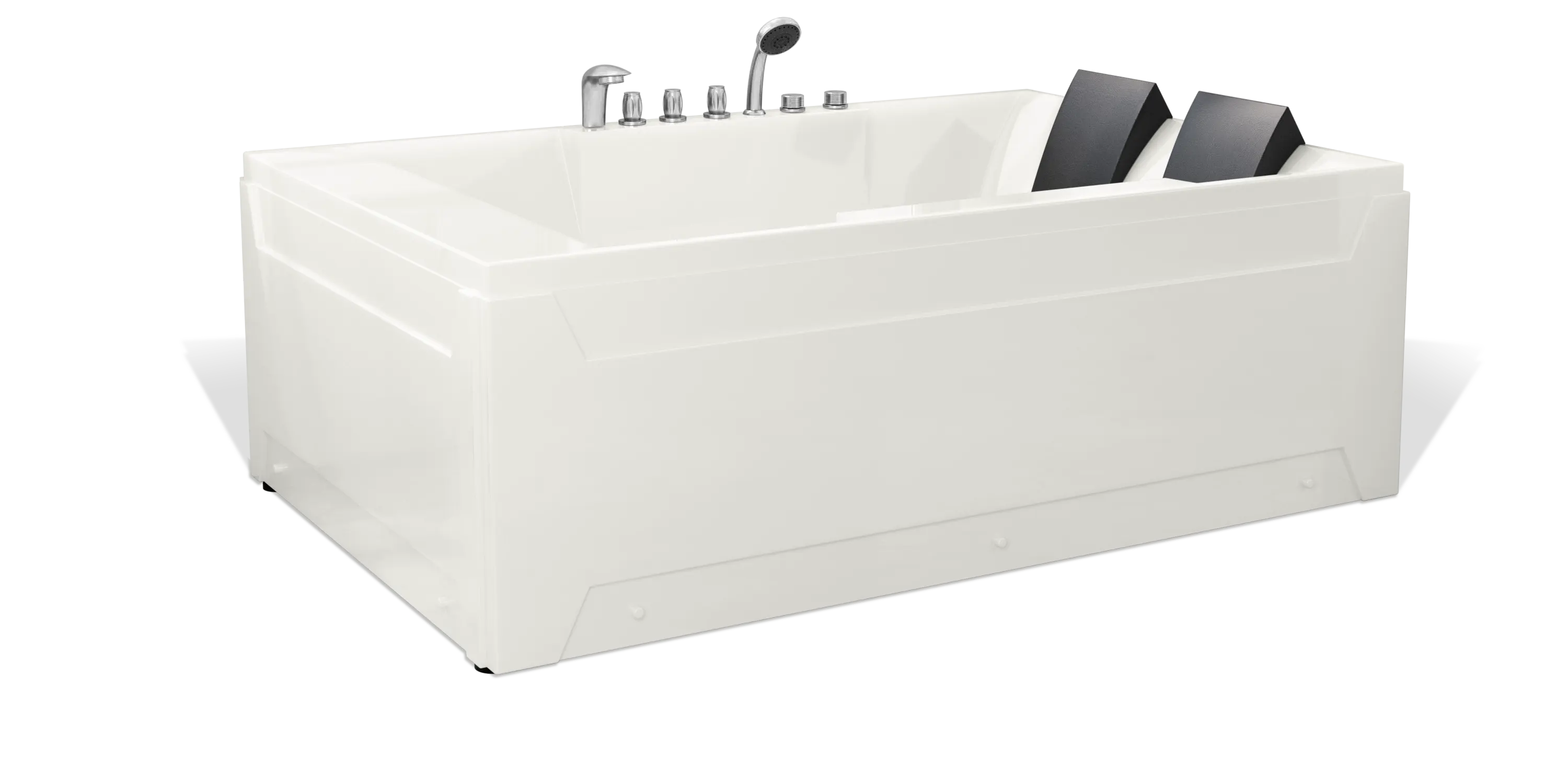 The Empava rectangular white bathtub features two black headrests on one end and multiple chrome-finished faucet handles with a handheld showerhead attached to the rim. Its modern design, clean lines, and sleek finish make it a perfect addition to any contemporary bathroom.