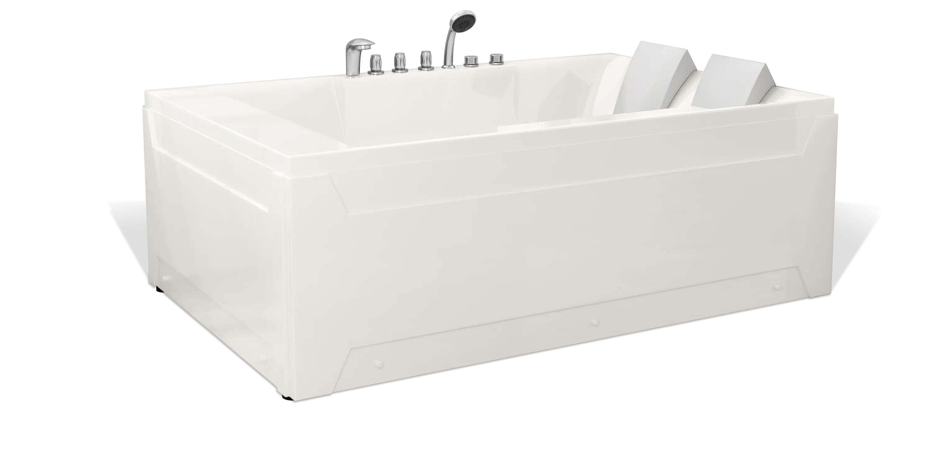 An Empava modern, white rectangular bathtub equipped with dual backrests and various chrome controls, including a faucet and knobs, displayed against a plain white background.