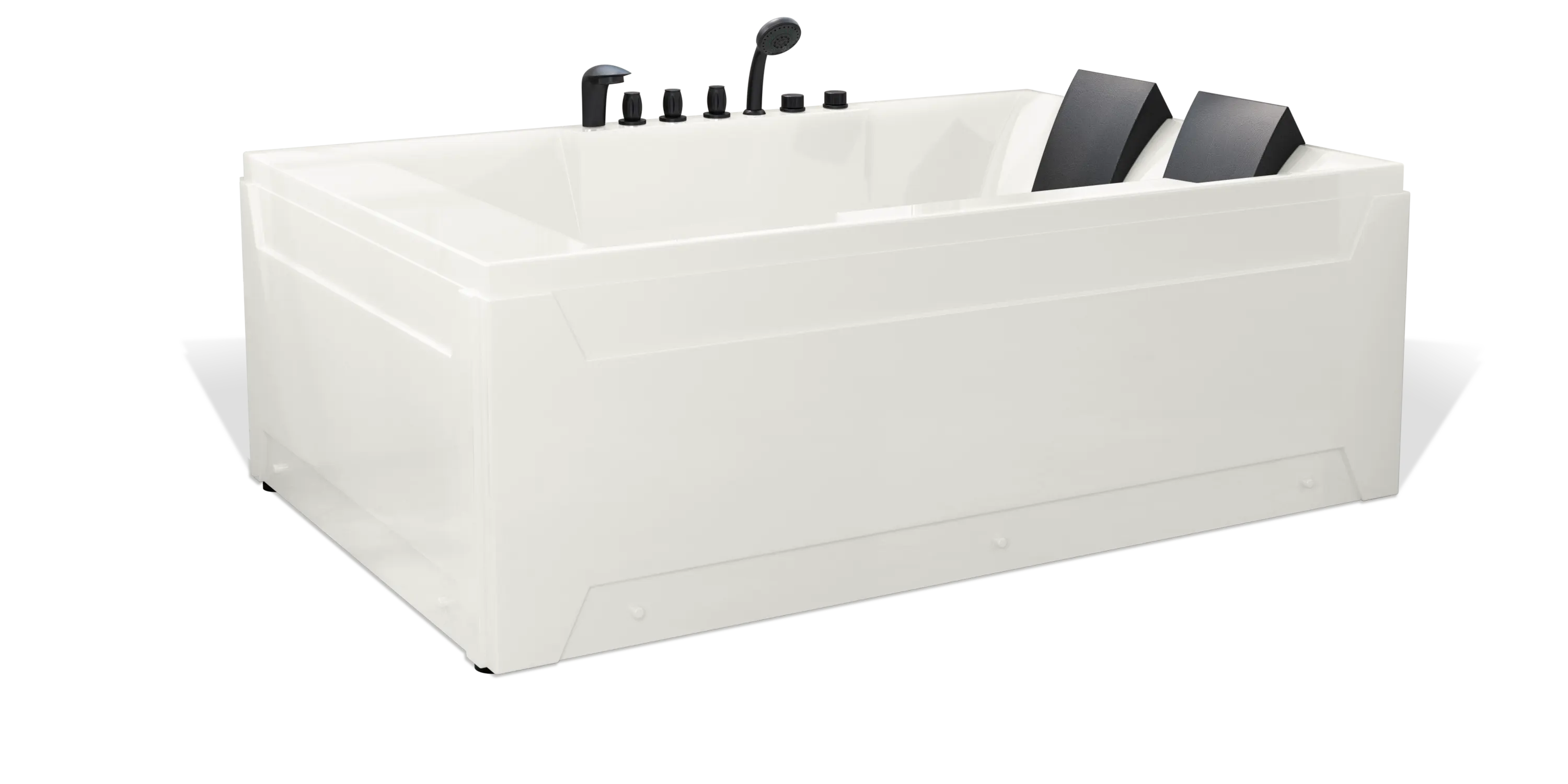 A modern white Empava bathtub with two black headrests and multiple black fixtures, including a faucet and several knobs, designed for a luxurious and comfortable bathing experience. The bathtub has clean, angular lines and a sleek appearance.