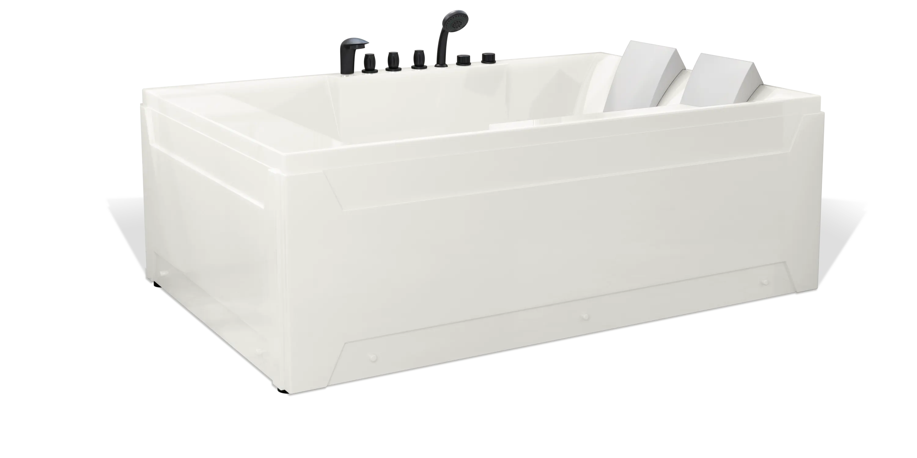 The Empava rectangular white bathtub boasts a deep basin, two headrests, and sleek black faucet handles and knobs on the side. Its modern design features angular edges and clean lines for a contemporary look.