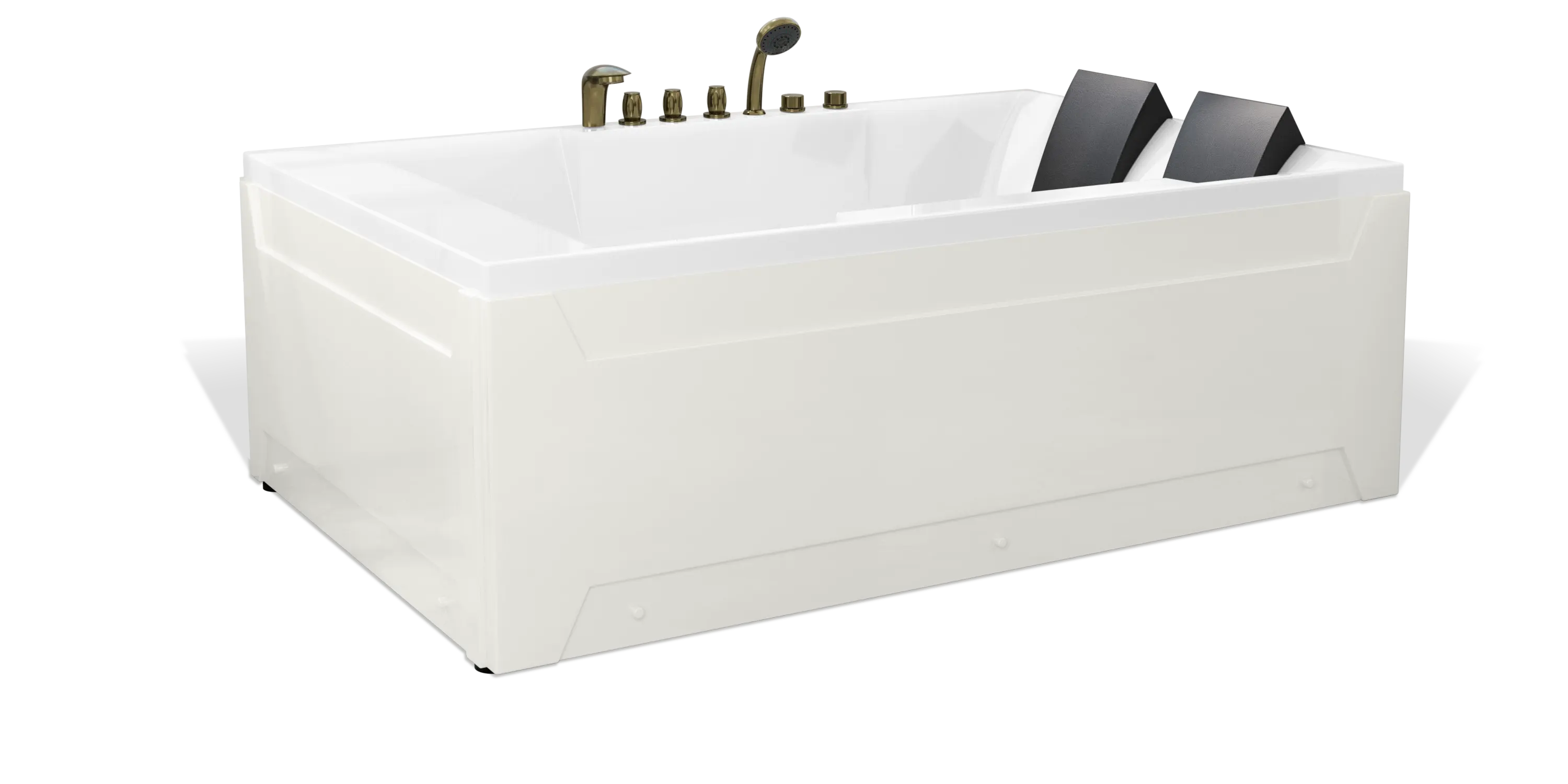 A sleek, modern white Empava bathtub with a rectangular shape featuring black headrests and chrome fixtures such as a faucet and knobs. The bathtub has a clean and minimalistic design suitable for contemporary bathroom styles.