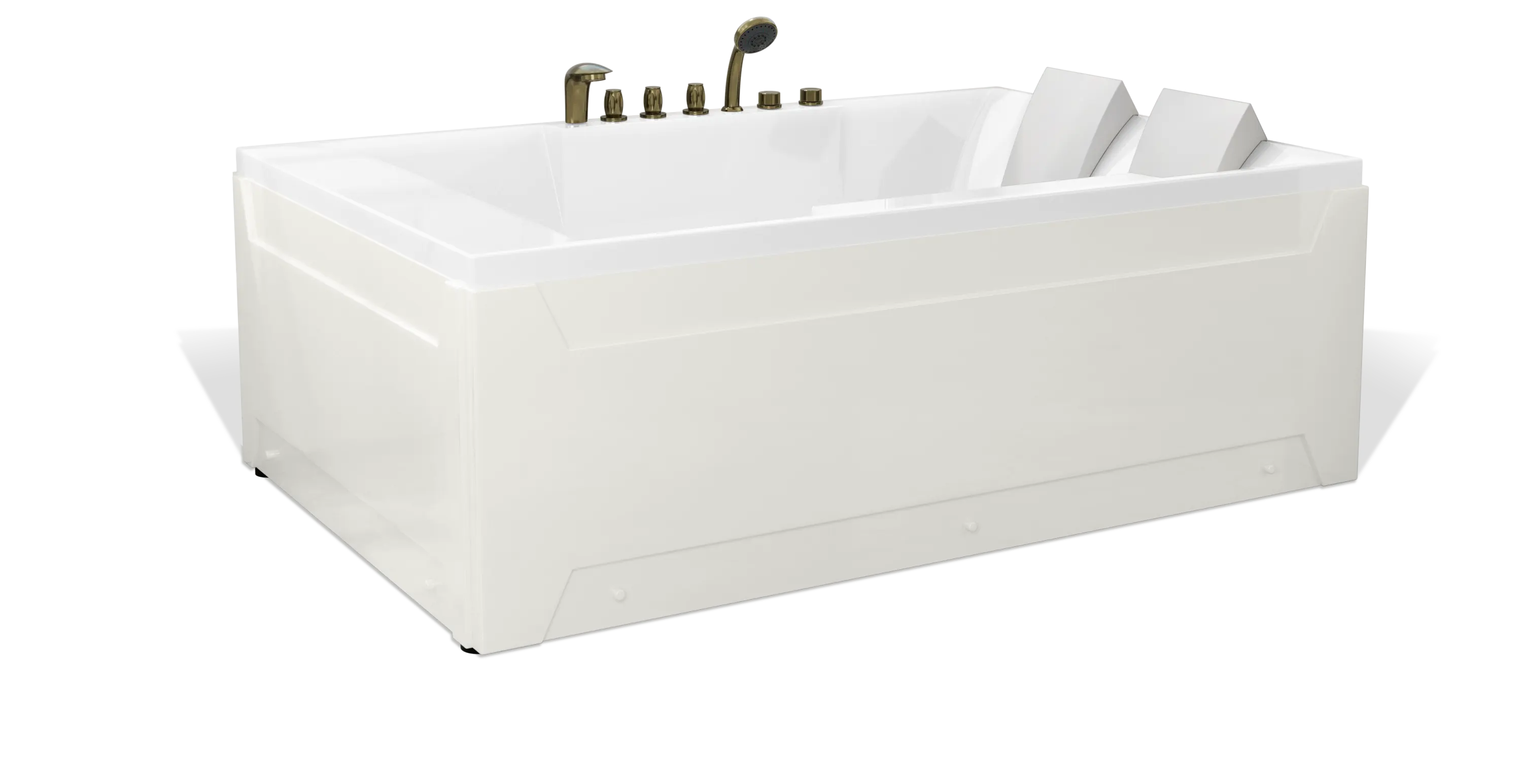 The Empava modern, white, rectangular bathtub boasts two headrests and a set of chrome faucets and controls. With its clean lines and sleek design, this tub is perfect for a contemporary bathroom.