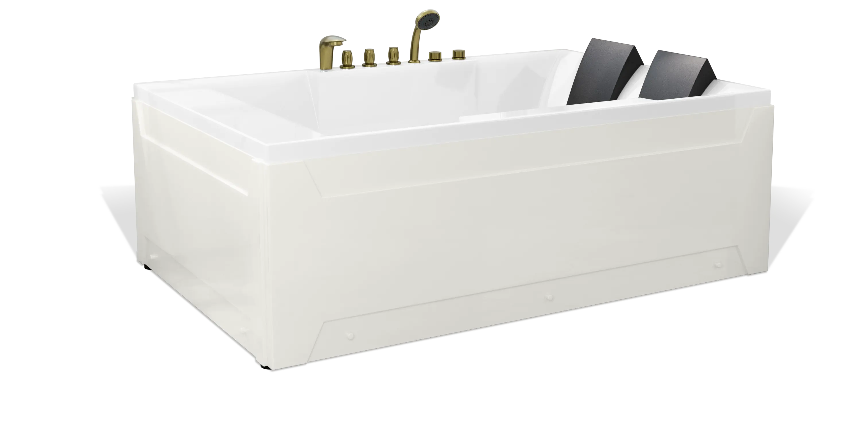 The Empava white rectangular bathtub with clean, angular lines is shown. It features two headrests for dual seating, multiple chrome fixtures including a faucet, and several knobs on top. The tub is isolated on a white background.