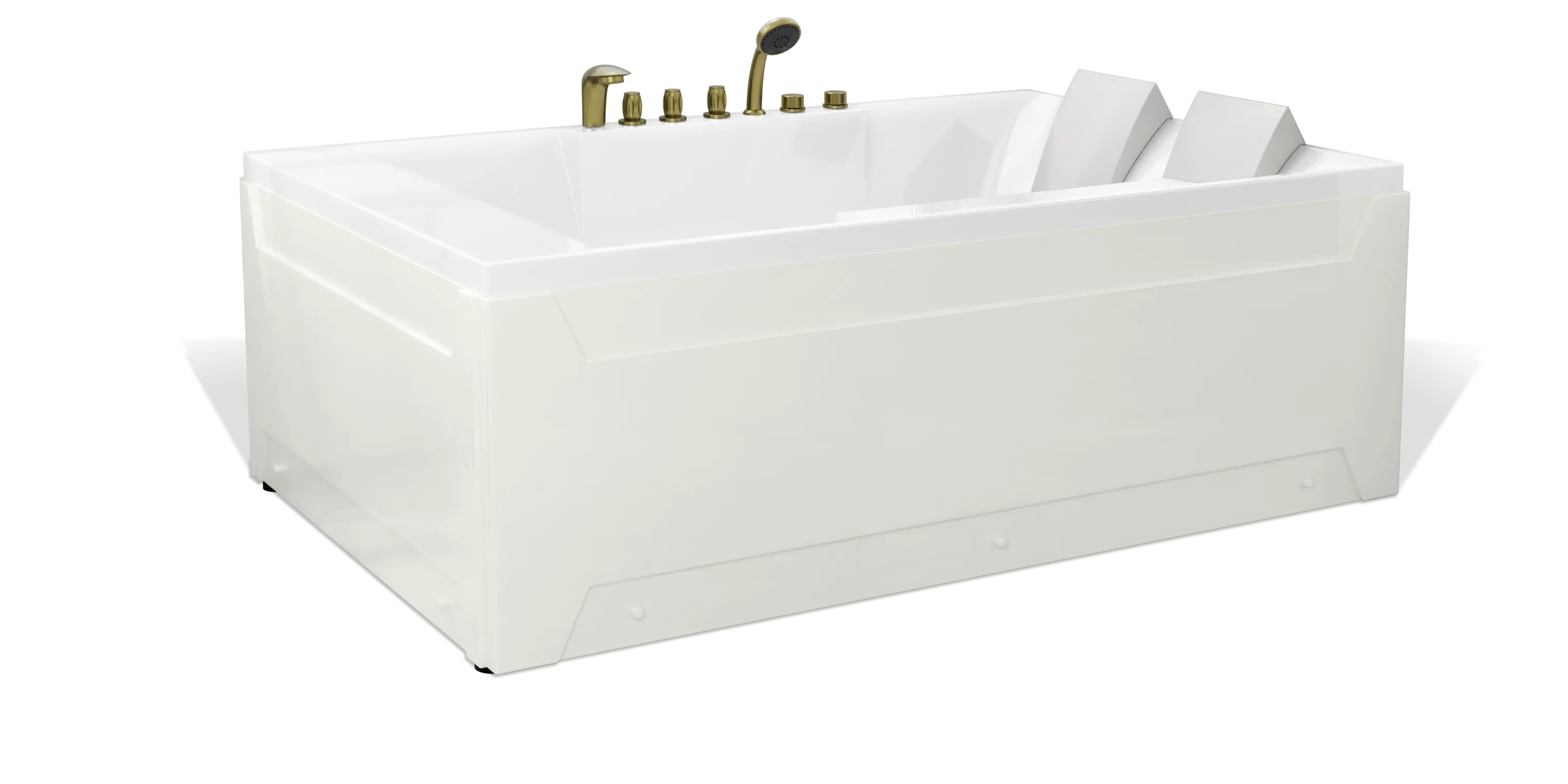A luxurious, rectangular, white Empava bathtub with dual headrests, chrome water faucets, and control knobs. The bathtub features a modern design with smooth edges and a glossy finish, ideal for a lavish bathroom setting.