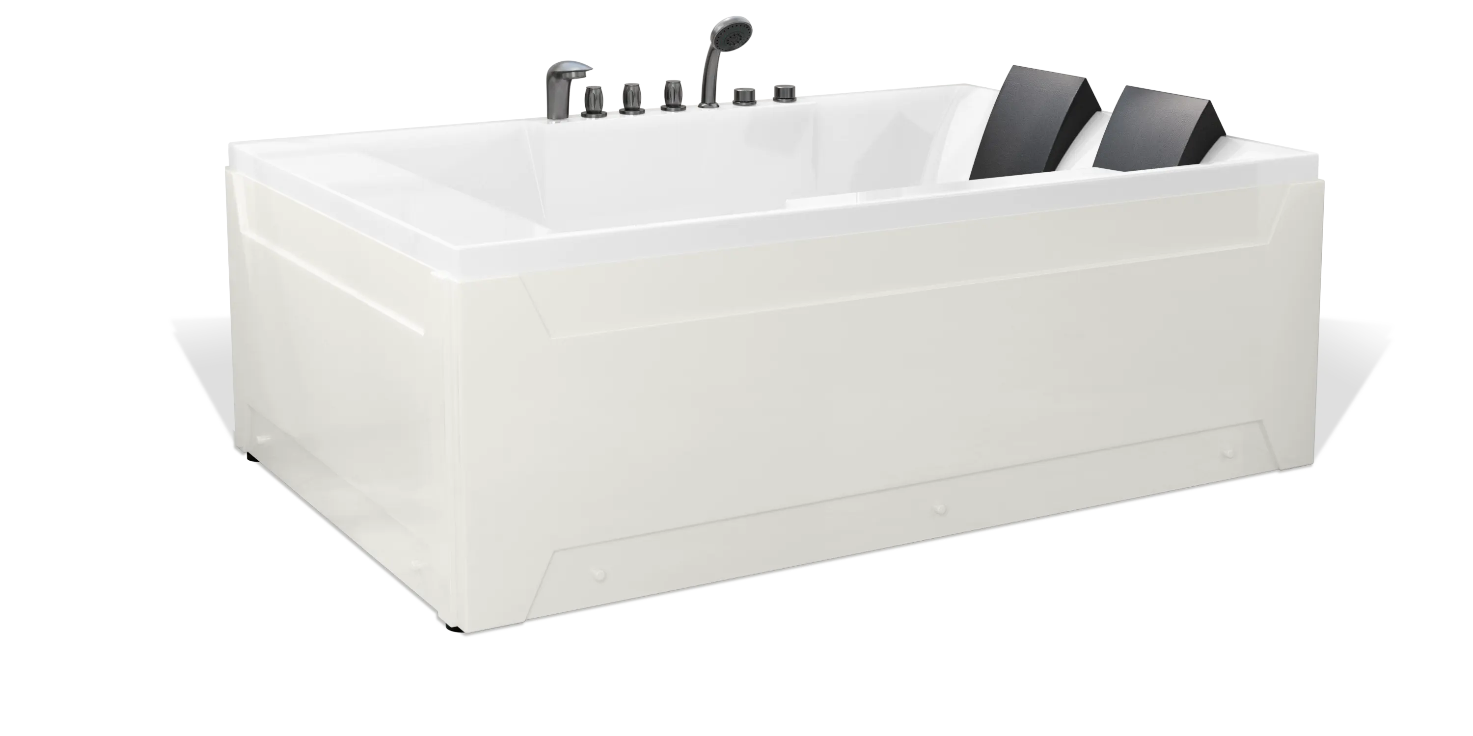 A modern white Empava bathtub featuring two black headrests and an array of faucet controls, including knobs and a handheld showerhead attachment, at one end. The rectangular tub has clean lines and a sleek, minimalist design suitable for a contemporary bathroom.