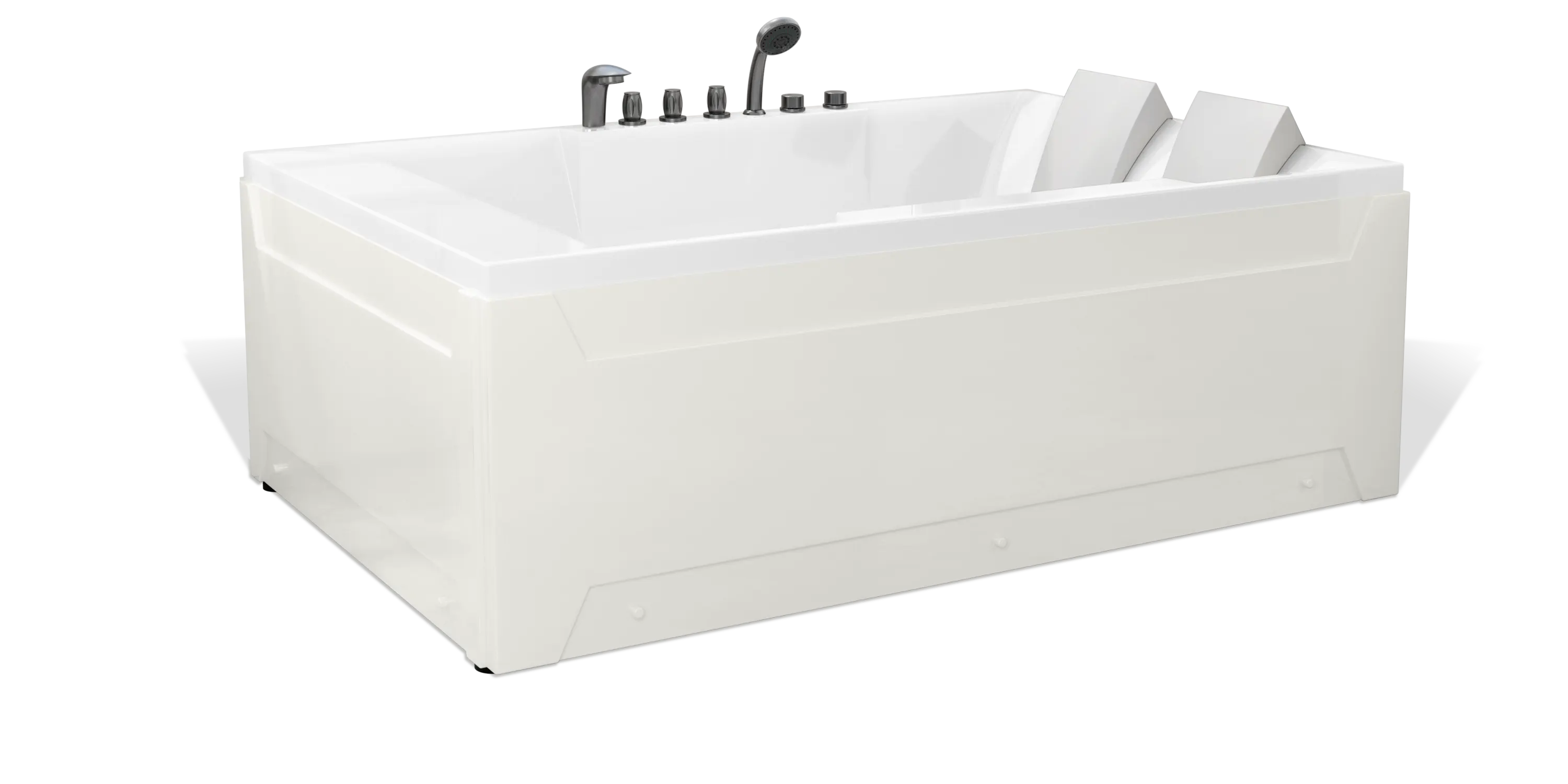 This image shows a modern white Empava bathtub with a rectangular design. It features chrome fixtures and controls, including a hand shower, and has built-in headrests at both ends. The exterior has a clean, minimalist look.