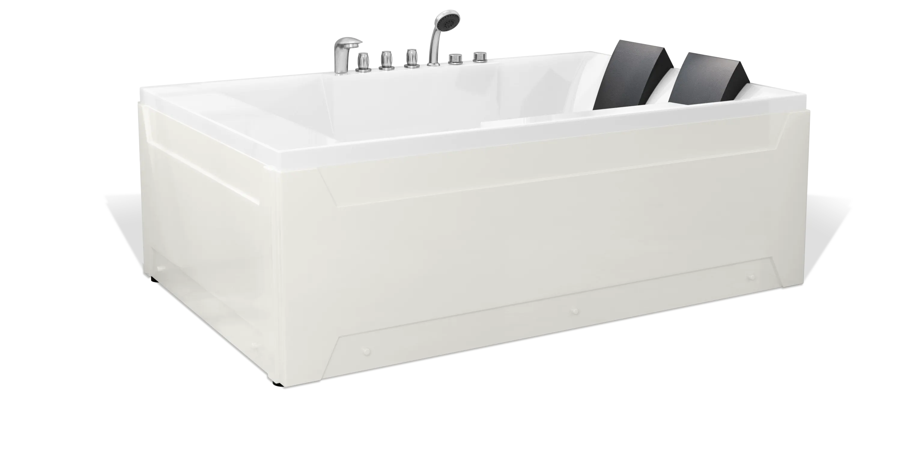 A white rectangular Empava bathtub with dual black headrests and silver faucet fixtures, including knobs and a handheld shower nozzle, positioned on a transparent background. The bathtub has clean, modern lines and a sleek design.