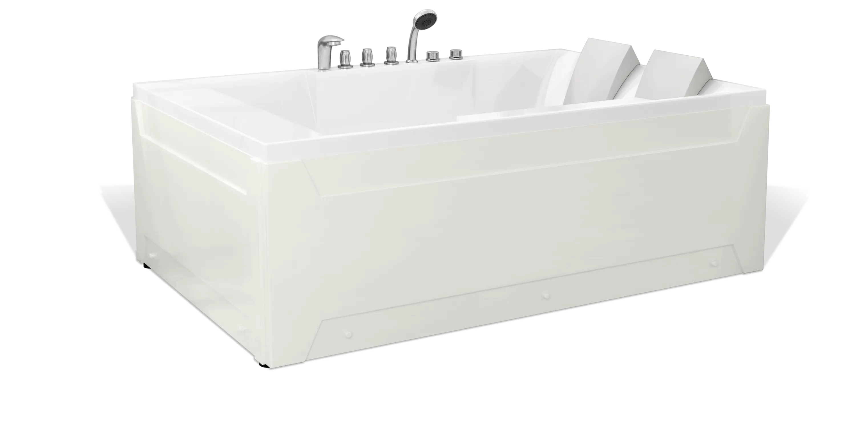 A white rectangular Empava bathtub with jets, featuring built-in headrests on both ends, a control panel, and sleek chrome fixtures including a faucet and handheld shower. The modern design of this Empava bathtub is isolated on a white background.