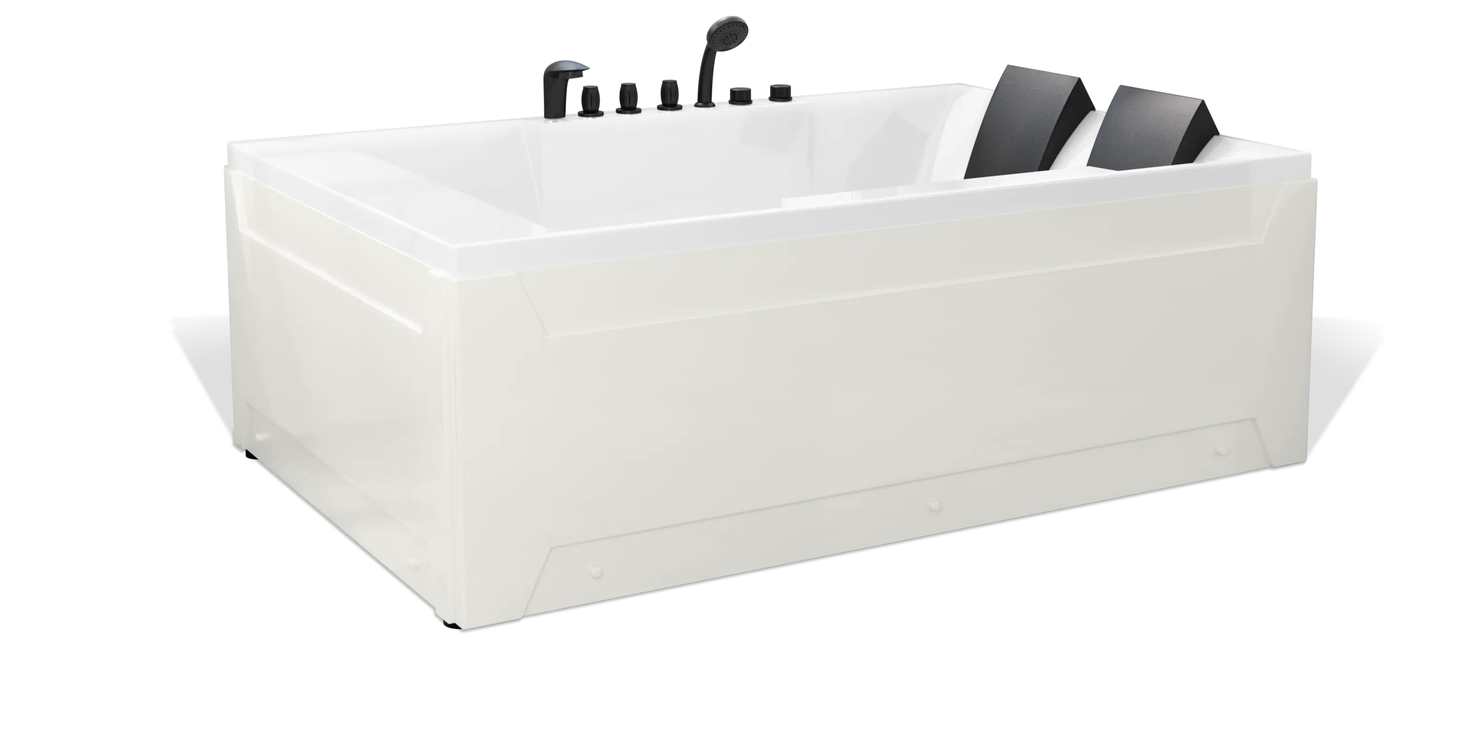 A white, rectangular Empava bathtub with black fixtures, including multiple knobs and a faucet. The bathtub features two black headrests on one side, indicating it is designed for two people. The modern design has clean, smooth lines and a minimalistic aesthetic.