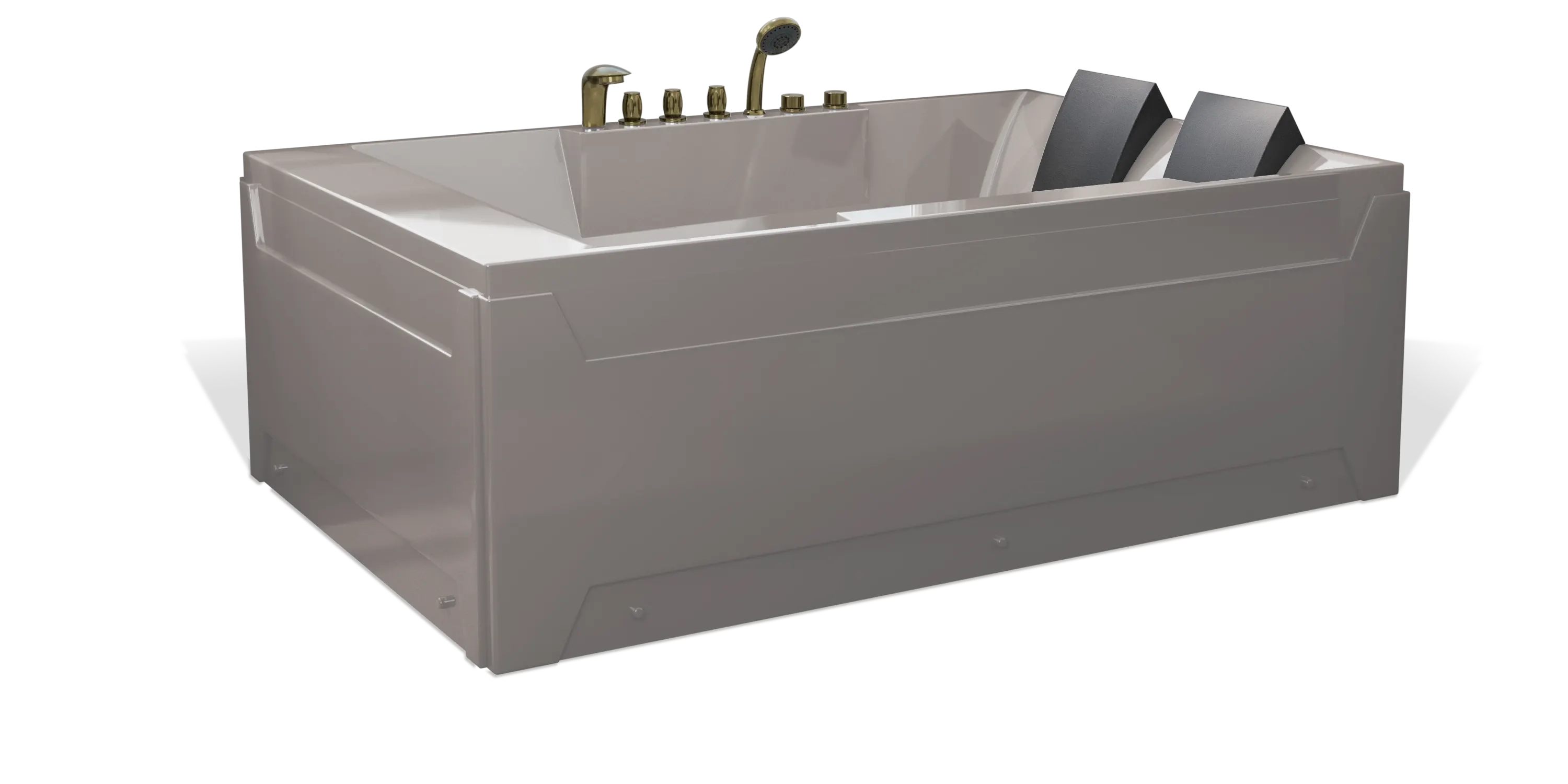 A modern, taupe brown rectangular Empava 2-person bathtub, featuring multiple bronze faucets, a showerhead on the side, and a black removable headrest. The bathtub has a sleek, minimalist design with clean lines and a shiny finish.