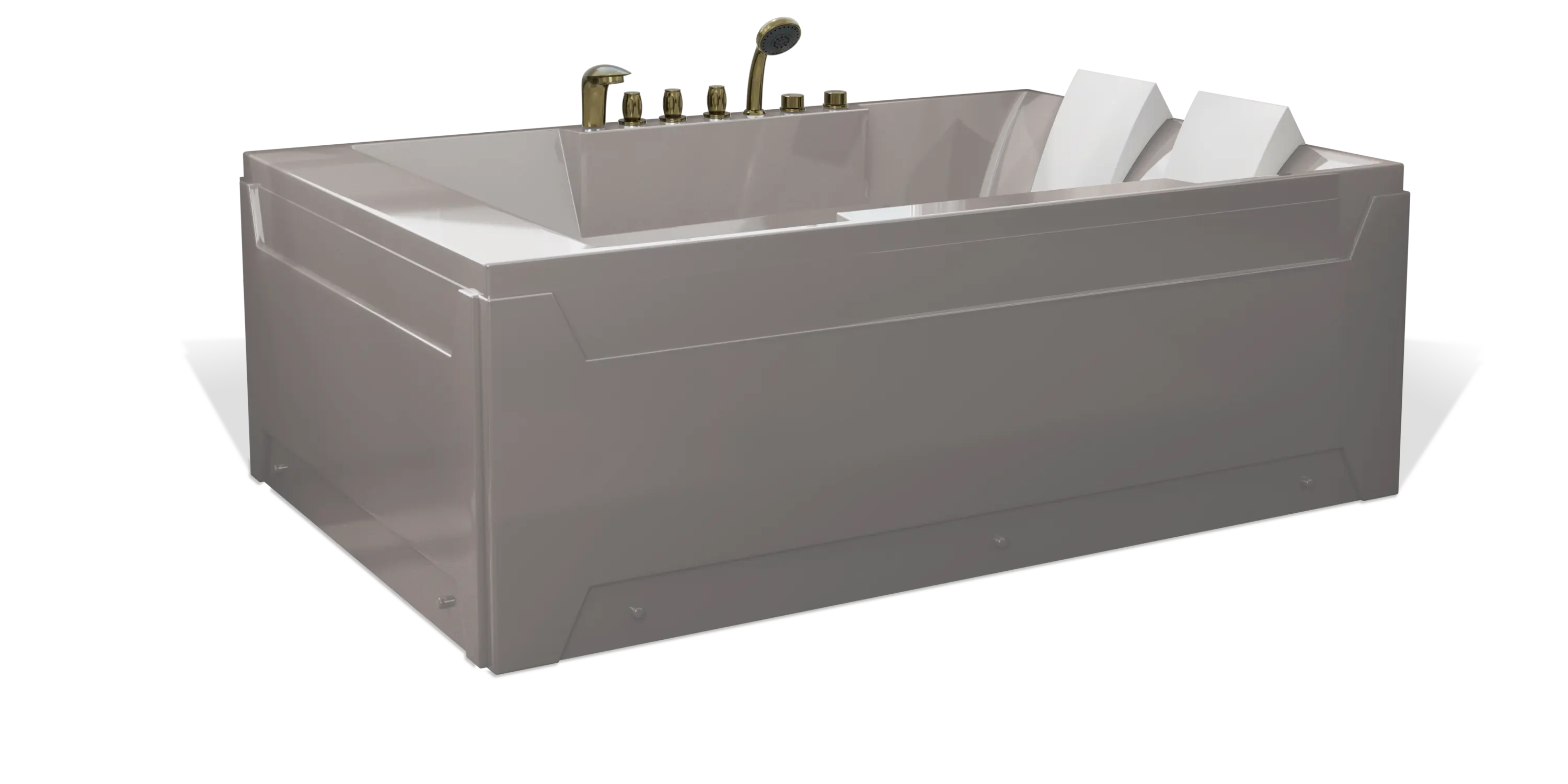 A modern, taupe brown rectangular Empava 2-person bathtub, featuring multiple bronze faucets, a showerhead on the side, and a white removable headrest. The bathtub has a sleek, minimalist design with clean lines and a shiny finish.