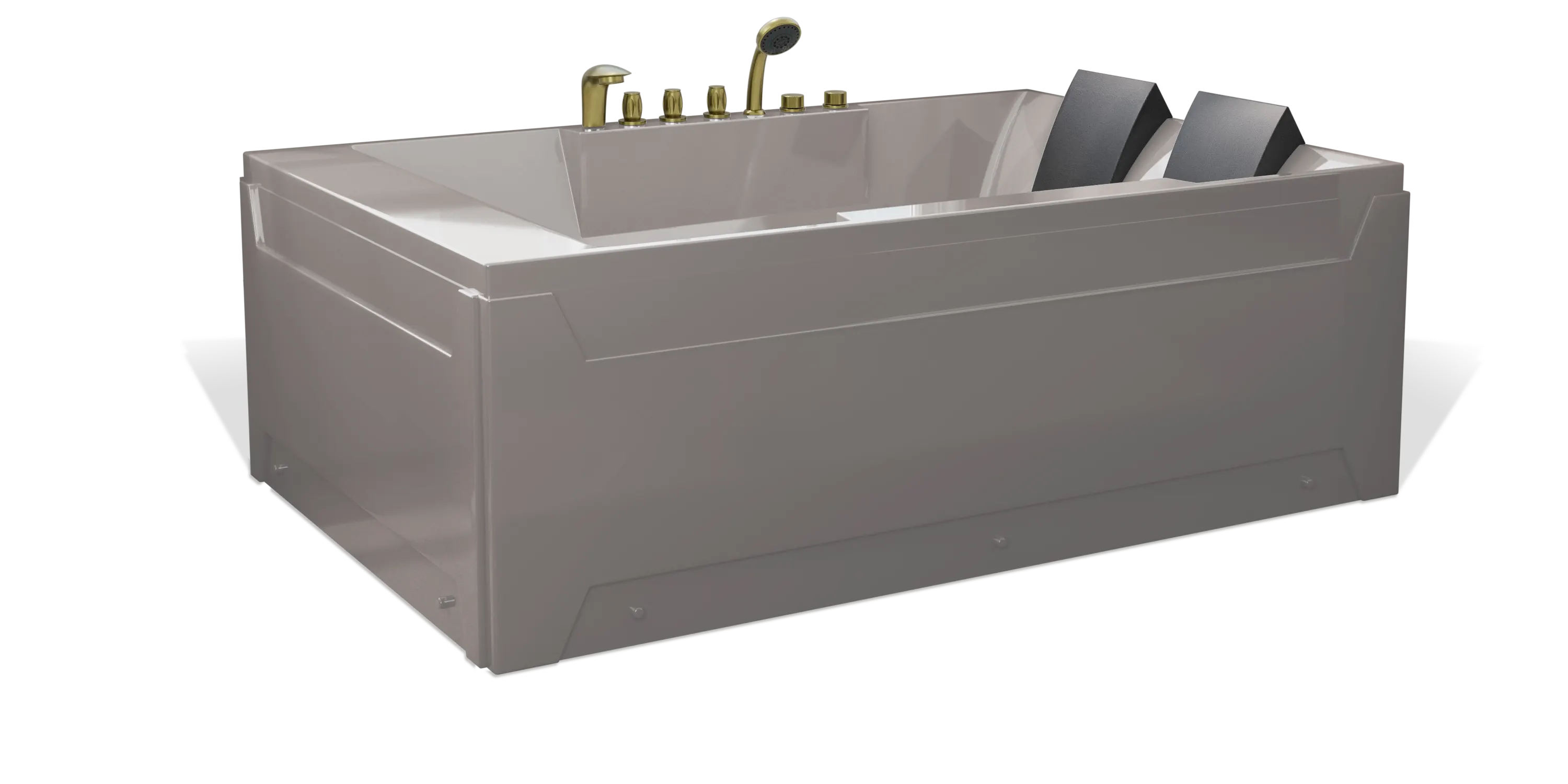 A modern, taupe brown rectangular Empava 2-person bathtub, featuring multiple brushed gold faucets, a showerhead on the side, and a black removable headrest. The bathtub has a sleek, minimalist design with clean lines and a shiny finish.