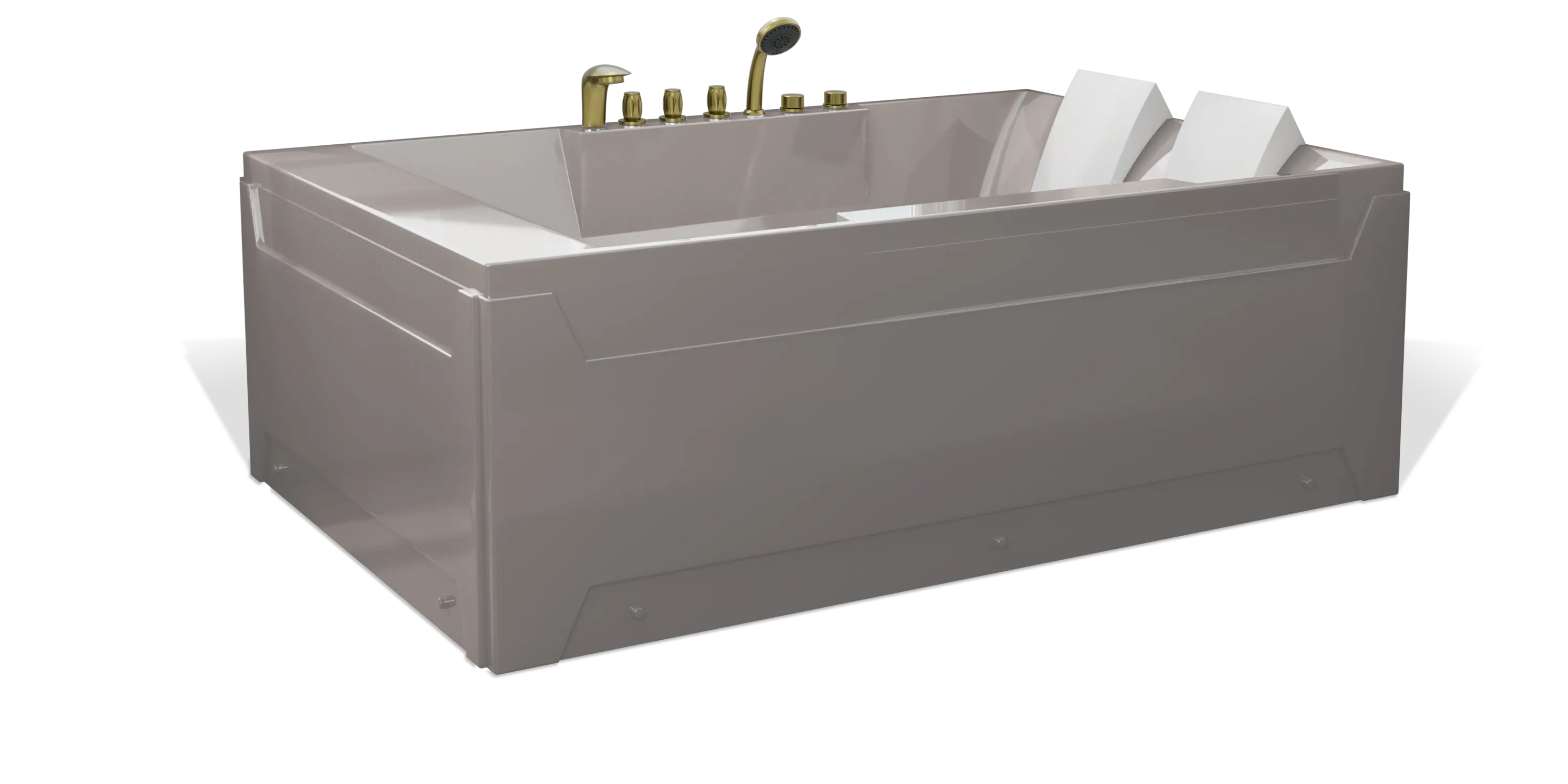 A modern, taupe brown rectangular Empava 2-person bathtub, featuring multiple brushed gold faucets, a showerhead on the side, and a white removable headrest. The bathtub has a sleek, minimalist design with clean lines and a shiny finish.