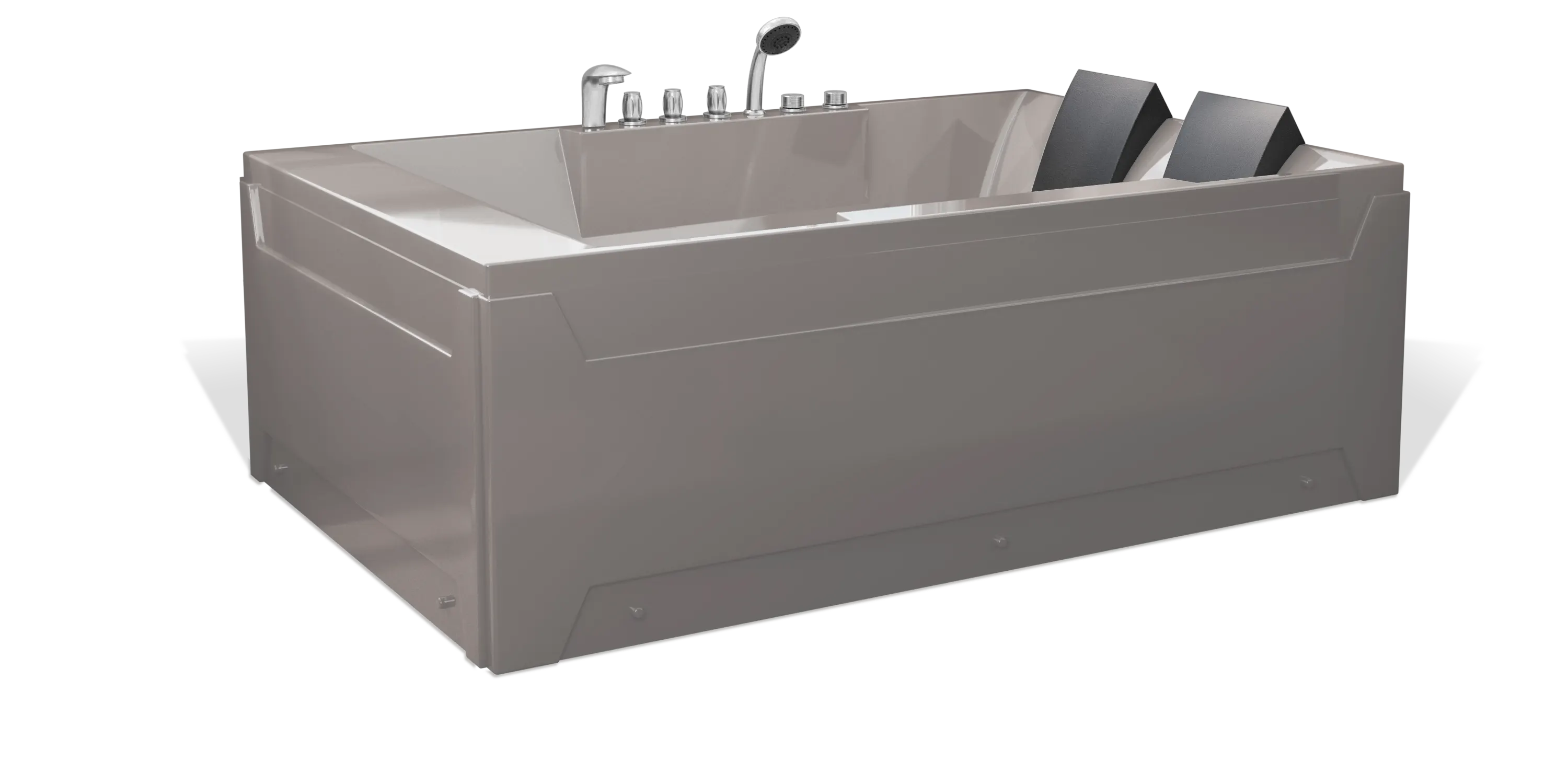A modern, taupe brown rectangular Empava 2-person bathtub, featuring multiple chrome faucets, a showerhead on the side, and a black removable headrest. The bathtub has a sleek, minimalist design with clean lines and a shiny finish.