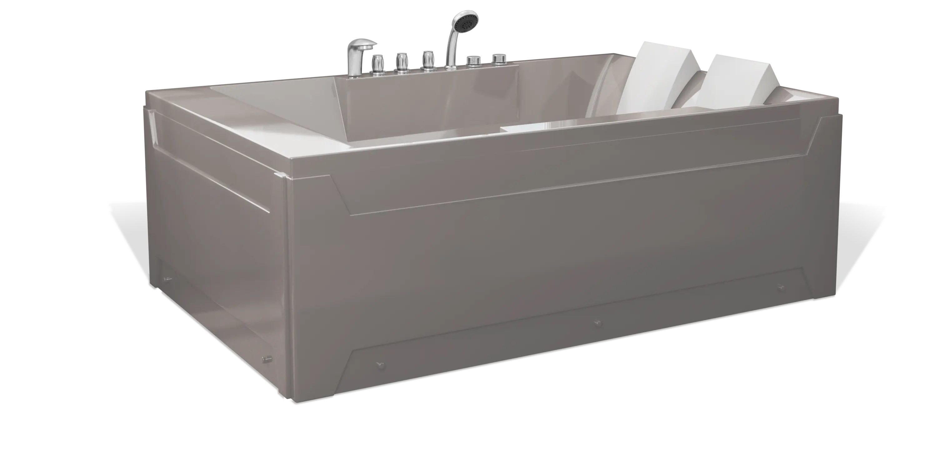 A modern, taupe brown rectangular Empava 2-person bathtub, featuring multiple chrome faucets, a showerhead on the side, and a white removable headrest. The bathtub has a sleek, minimalist design with clean lines and a shiny finish.