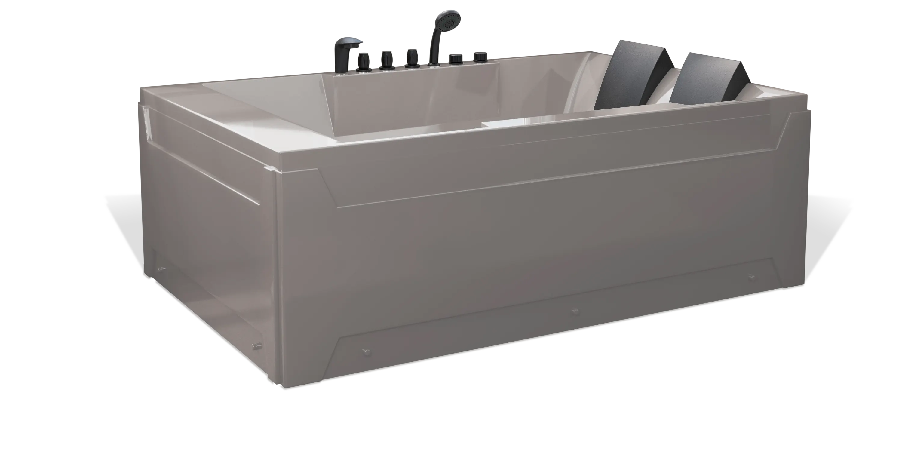 A modern, taupe brown rectangular Empava 2-person bathtub, featuring multiple matte black faucets, a showerhead on the side, and a black removable headrest. The bathtub has a sleek, minimalist design with clean lines and a shiny finish.