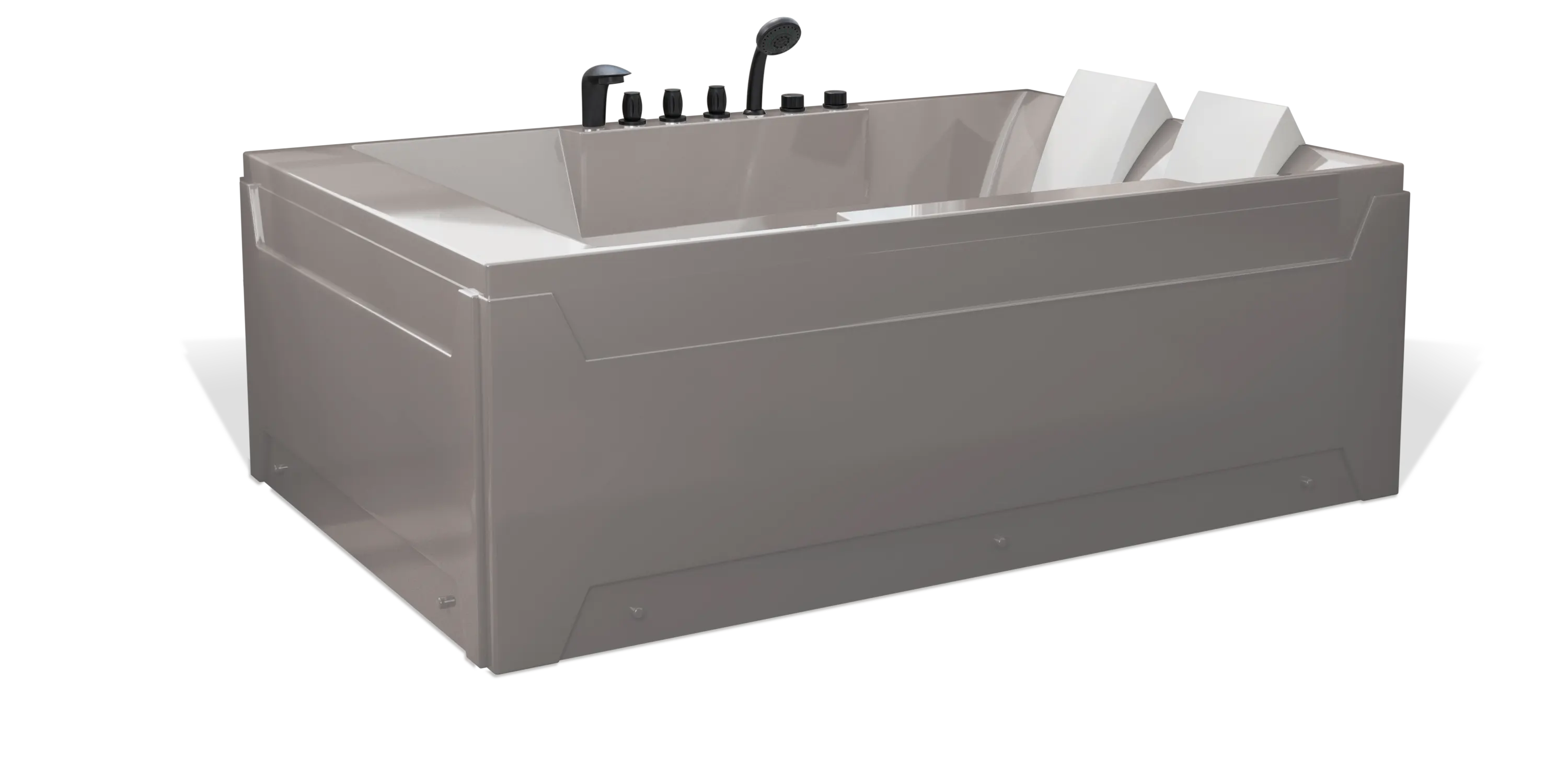 A modern, taupe brown rectangular Empava 2-person bathtub, featuring multiple matte black faucets, a showerhead on the side, and a white removable headrest. The bathtub has a sleek, minimalist design with clean lines and a shiny finish.