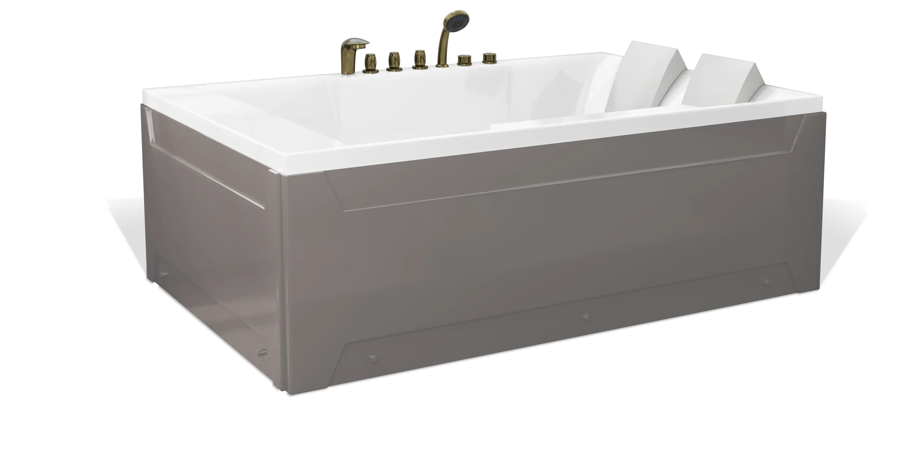 A modern, taupe brown rectangular Empava 2-person bathtub with a white interior, featuring multiple bronze faucets, a showerhead on the side, and a white removable headrest. The bathtub has a sleek, minimalist design with clean lines and a shiny finish.