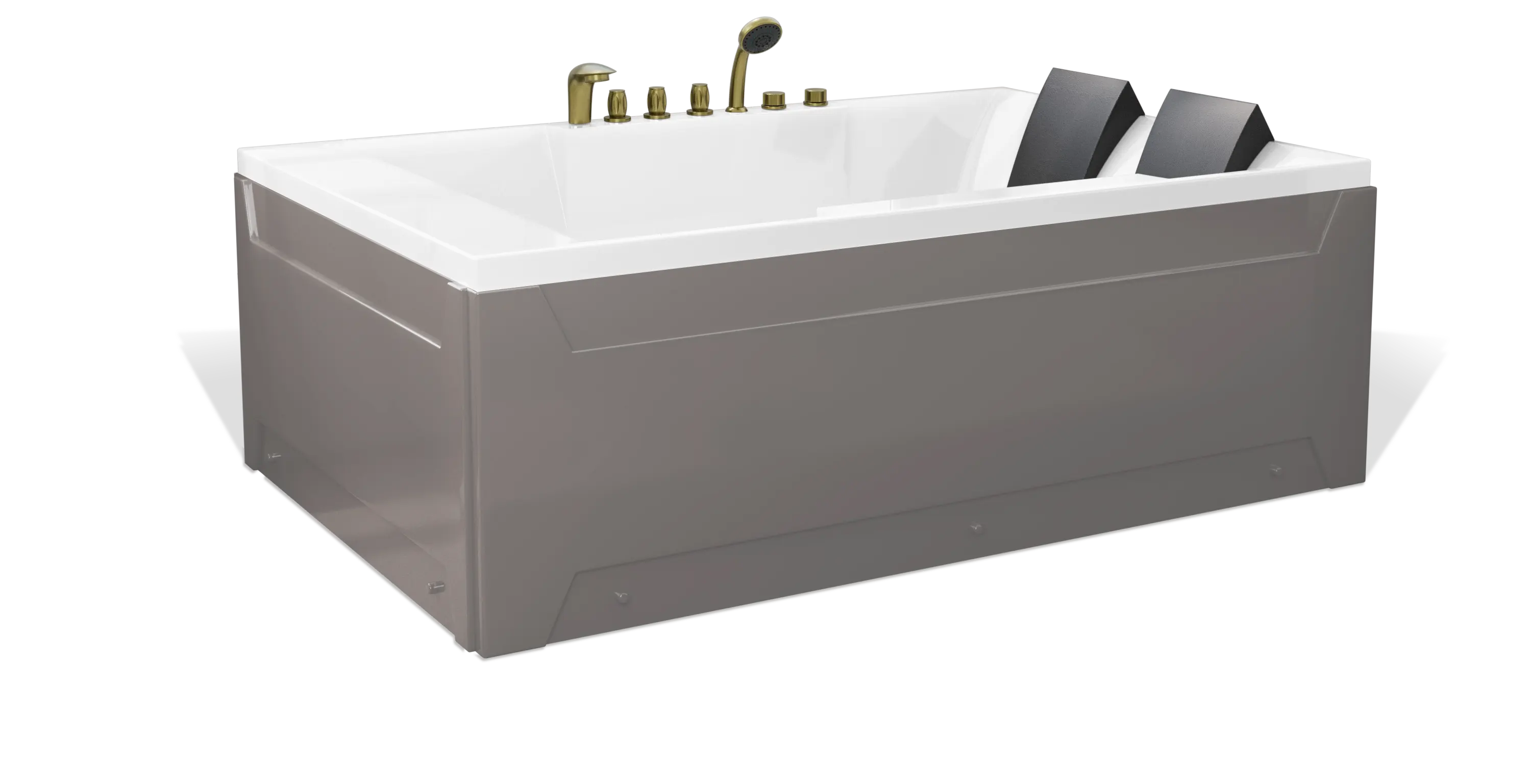 A modern, taupe brown rectangular Empava 2-person bathtub with a white interior, featuring multiple brushed gold faucets, a showerhead on the side, and a black removable headrest. The bathtub has a sleek, minimalist design with clean lines and a shiny finish.