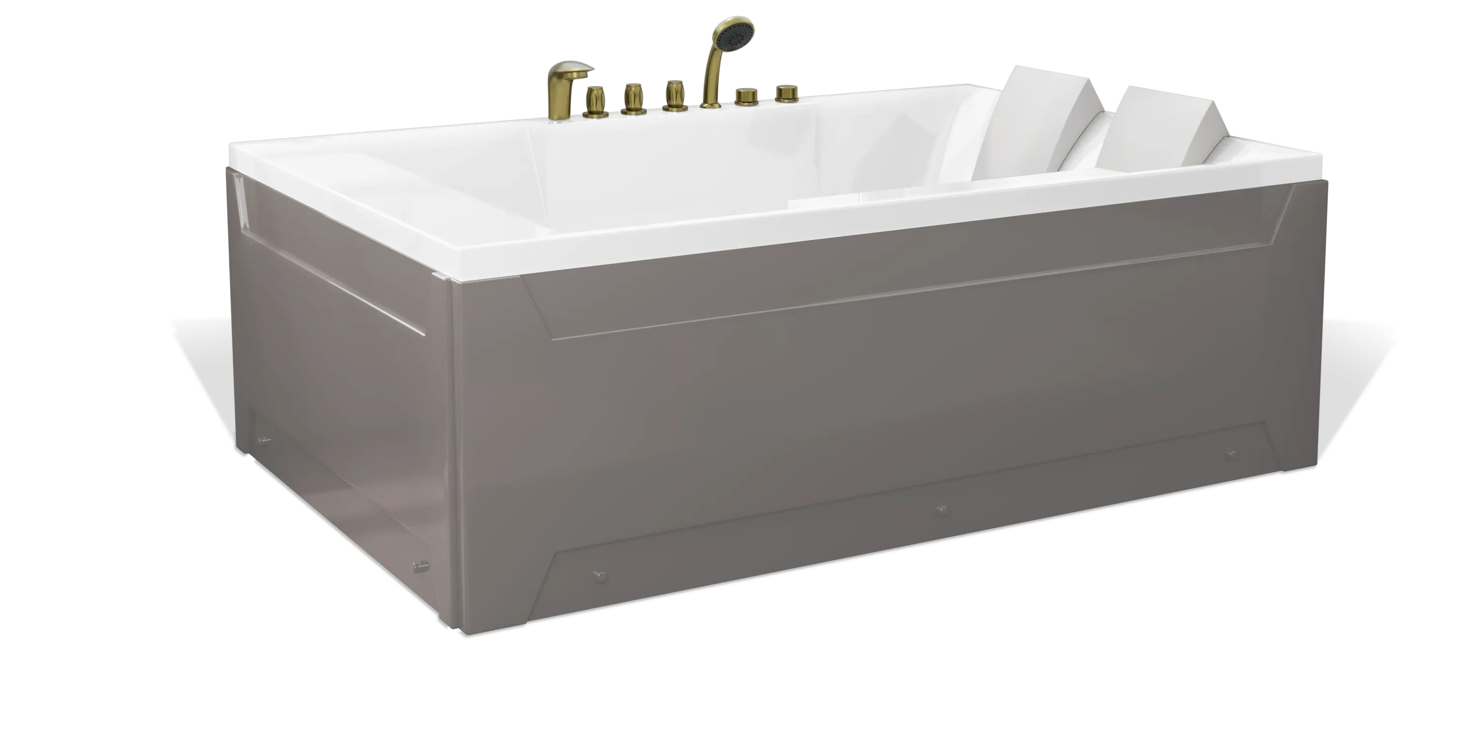 A modern, taupe brown rectangular Empava 2-person bathtub with a white interior, featuring multiple brushed gold faucets, a showerhead on the side, and a white removable headrest. The bathtub has a sleek, minimalist design with clean lines and a shiny finish.
