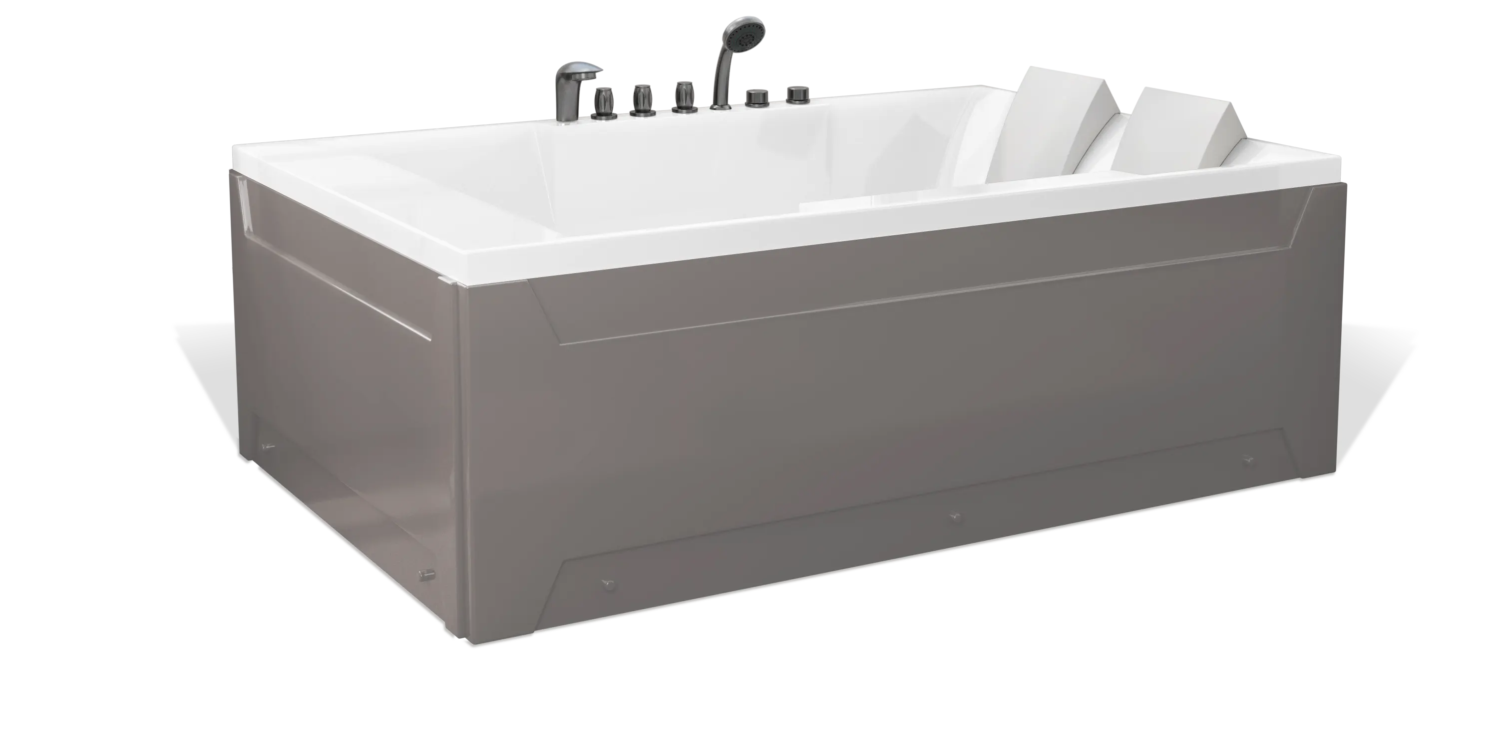 A modern, taupe brown rectangular Empava 2-person bathtub with a white interior, featuring multiple brushed nickel faucets, a showerhead on the side, and a white removable headrest. The bathtub has a sleek, minimalist design with clean lines and a shiny finish.