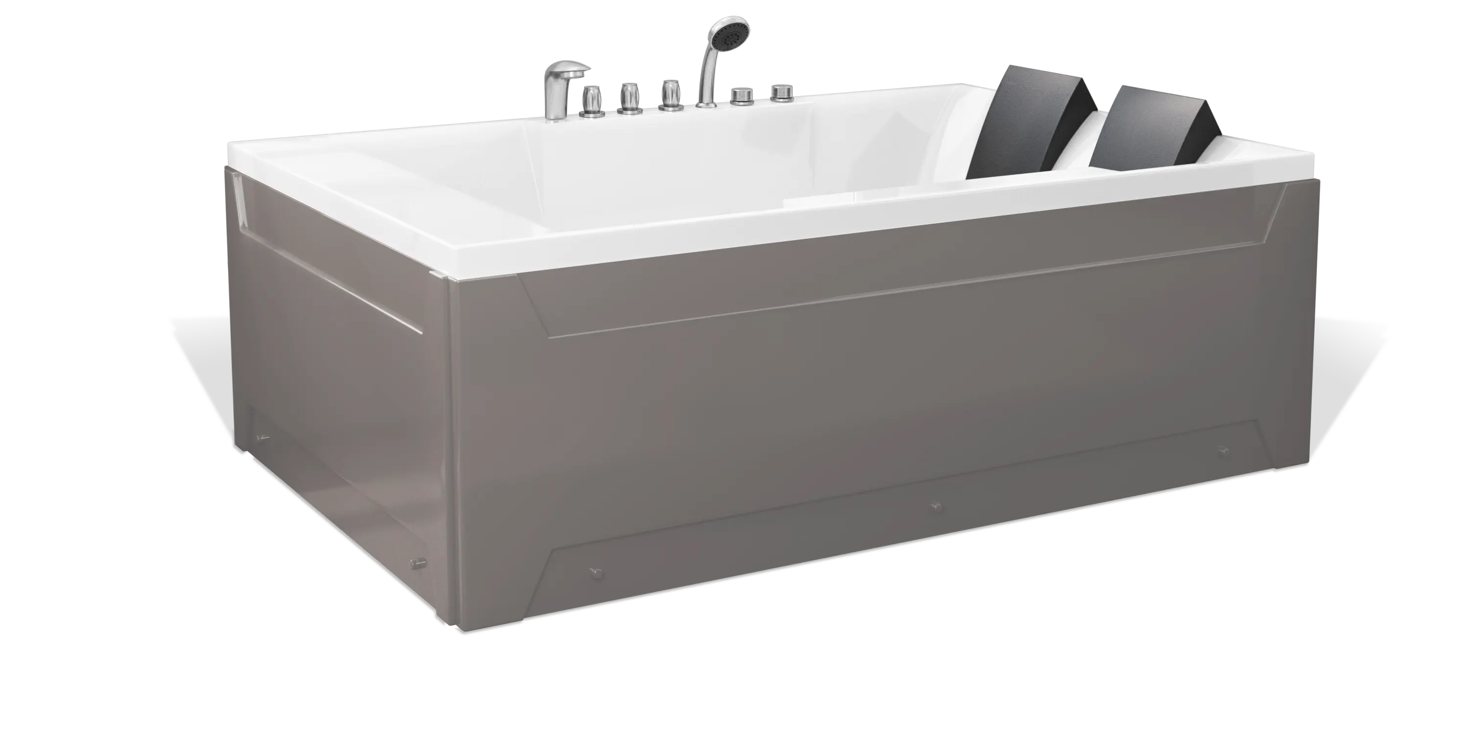 A modern, taupe brown rectangular Empava 2-person bathtub with a white interior, featuring multiple chrome faucets, a showerhead on the side, and a black removable headrest. The bathtub has a sleek, minimalist design with clean lines and a shiny finish.