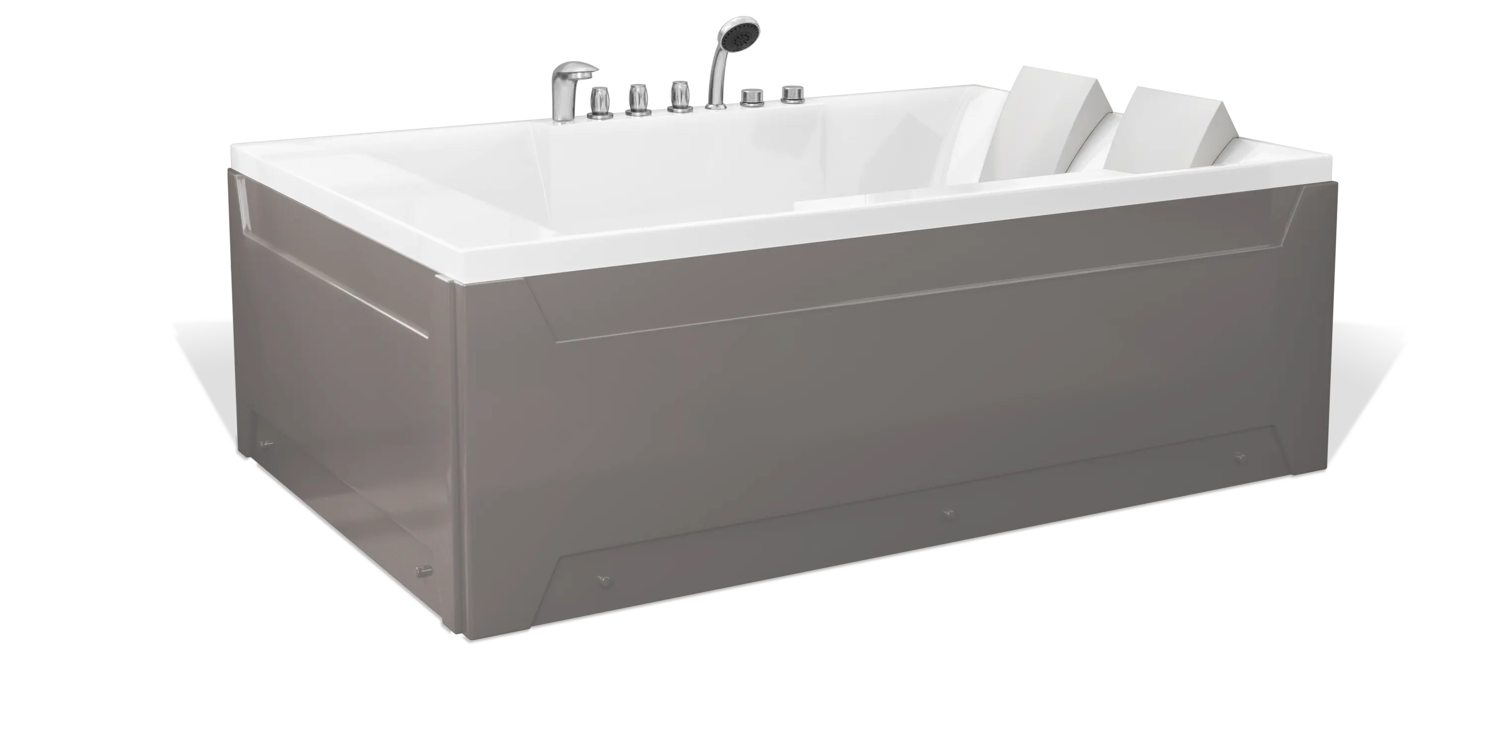 A modern, taupe brown rectangular Empava 2-person bathtub with a white interior, featuring multiple chrome faucets, a showerhead on the side, and a white removable headrest. The bathtub has a sleek, minimalist design with clean lines and a shiny finish.