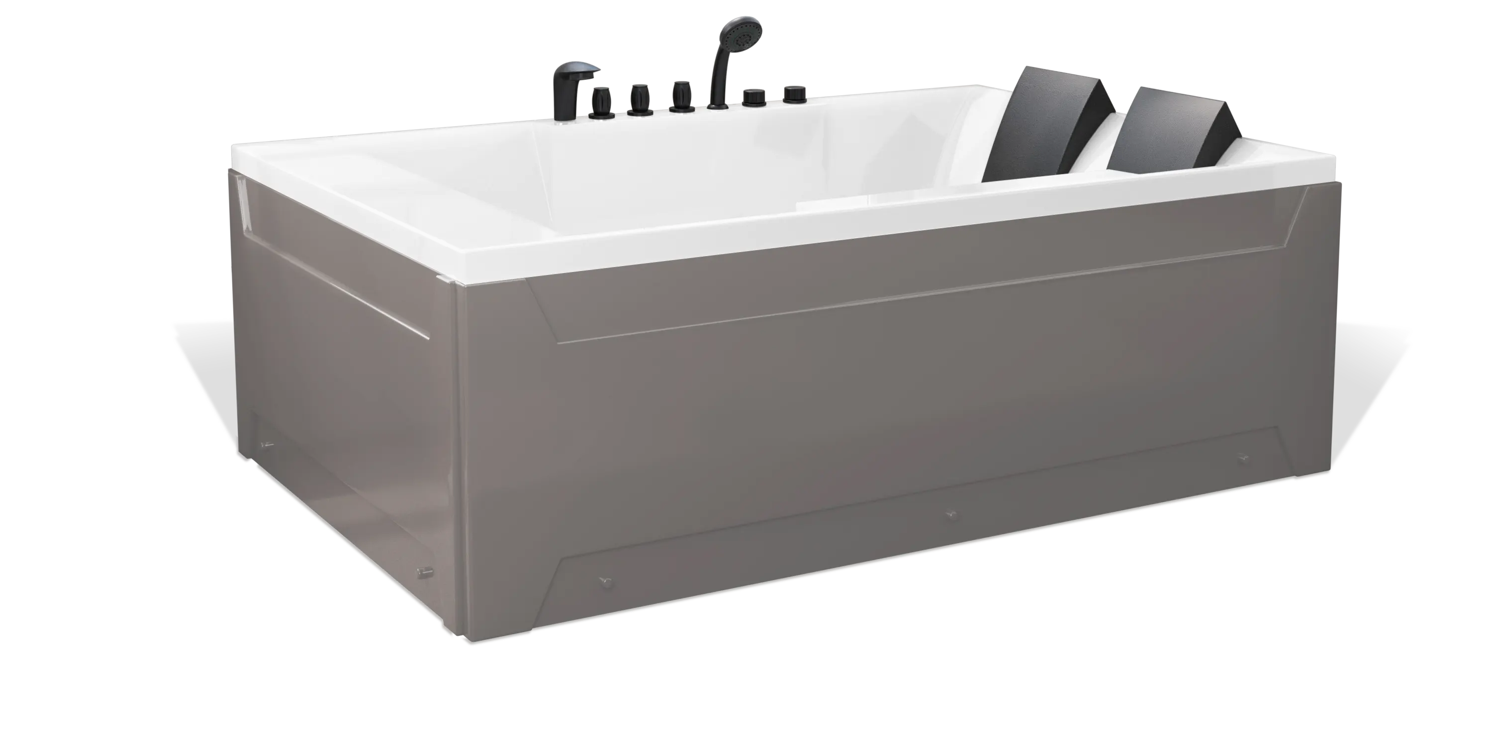 A modern, taupe brown rectangular Empava 2-person bathtub with a white interior, featuring multiple matte black faucets, a showerhead on the side, and a black removable headrest. The bathtub has a sleek, minimalist design with clean lines and a shiny finish.