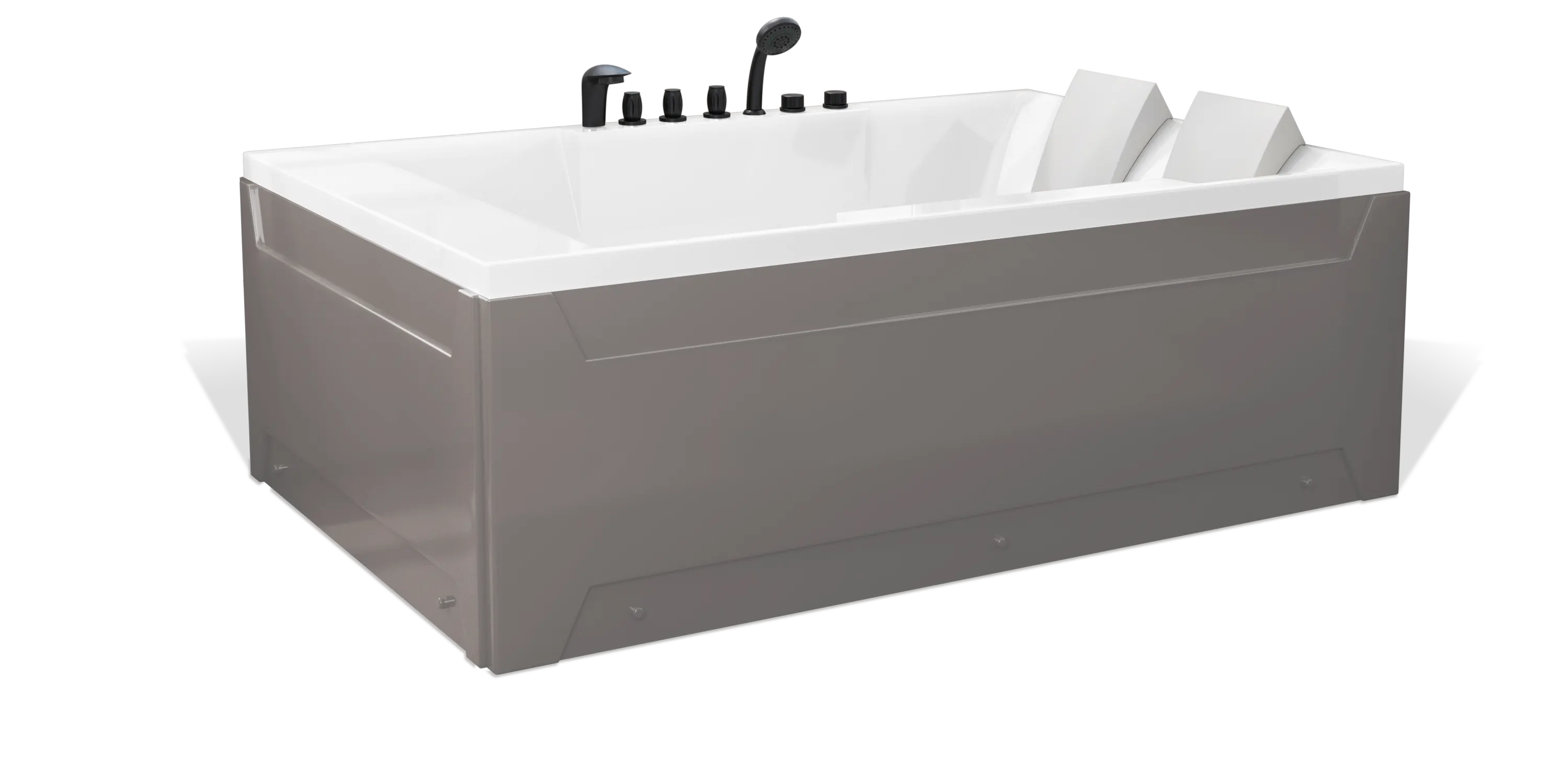 A modern, taupe brown rectangular Empava 2-person bathtub with a white interior, featuring multiple matte black faucets, a showerhead on the side, and a white removable headrest. The bathtub has a sleek, minimalist design with clean lines and a shiny finish.
