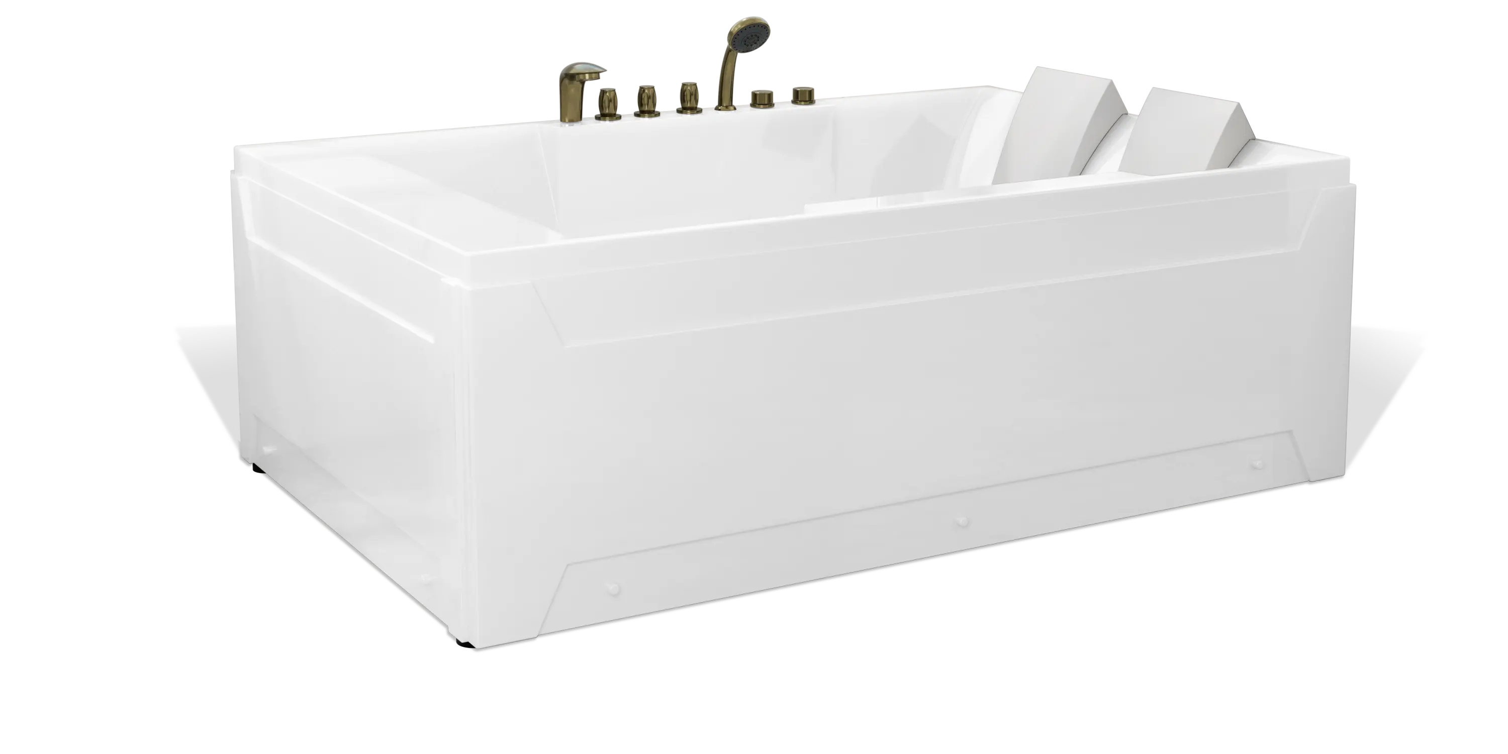 A white rectangular Empava bathtub with sleek, modern design. It features silver faucets, including a showerhead, and two padded headrests at opposite ends, indicating a two-person capacity. The bathtub has clean lines and a minimalist aesthetic.