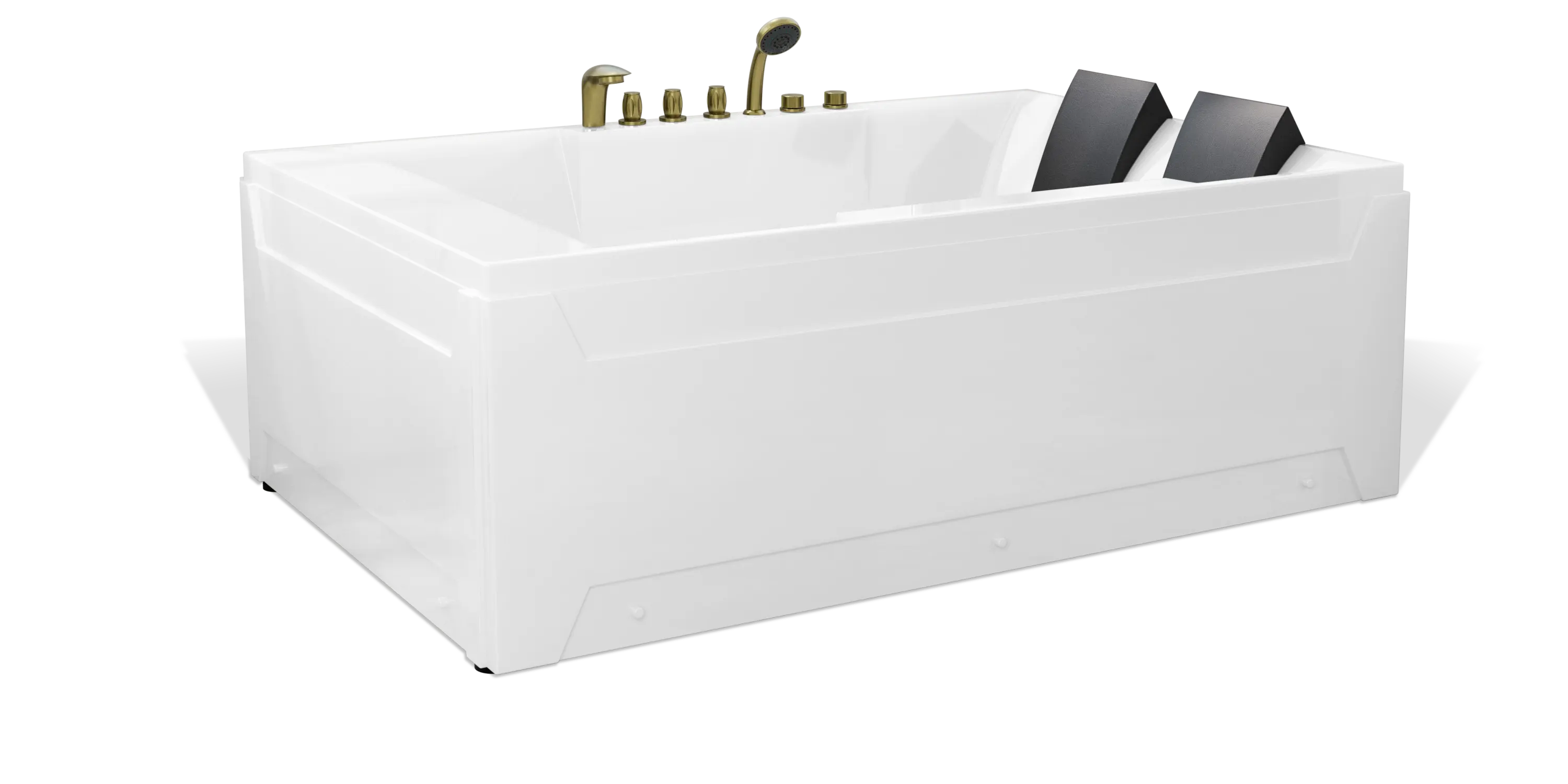 The Empava modern white rectangular bathtub boasts a sleek design featuring two black headrests on opposite ends, multiple chrome faucet and knob fixtures on one side, and an overflow drain. The bathtub is isolated on a white background.