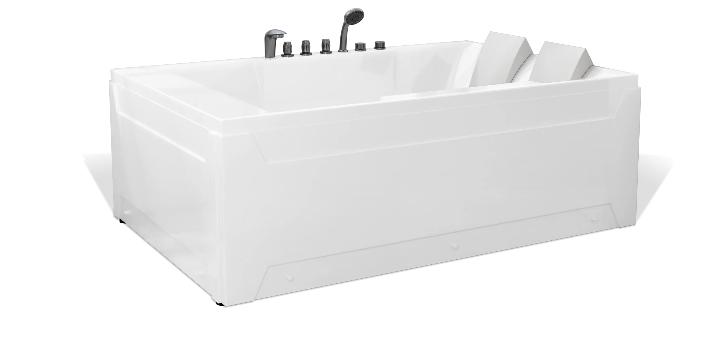 The Empava large, modern white bathtub features built-in headrests, multiple silver faucet controls, and a handheld showerhead. With its rectangular shape and sleek, minimalist design, this bathtub is perfect for a contemporary bathroom.