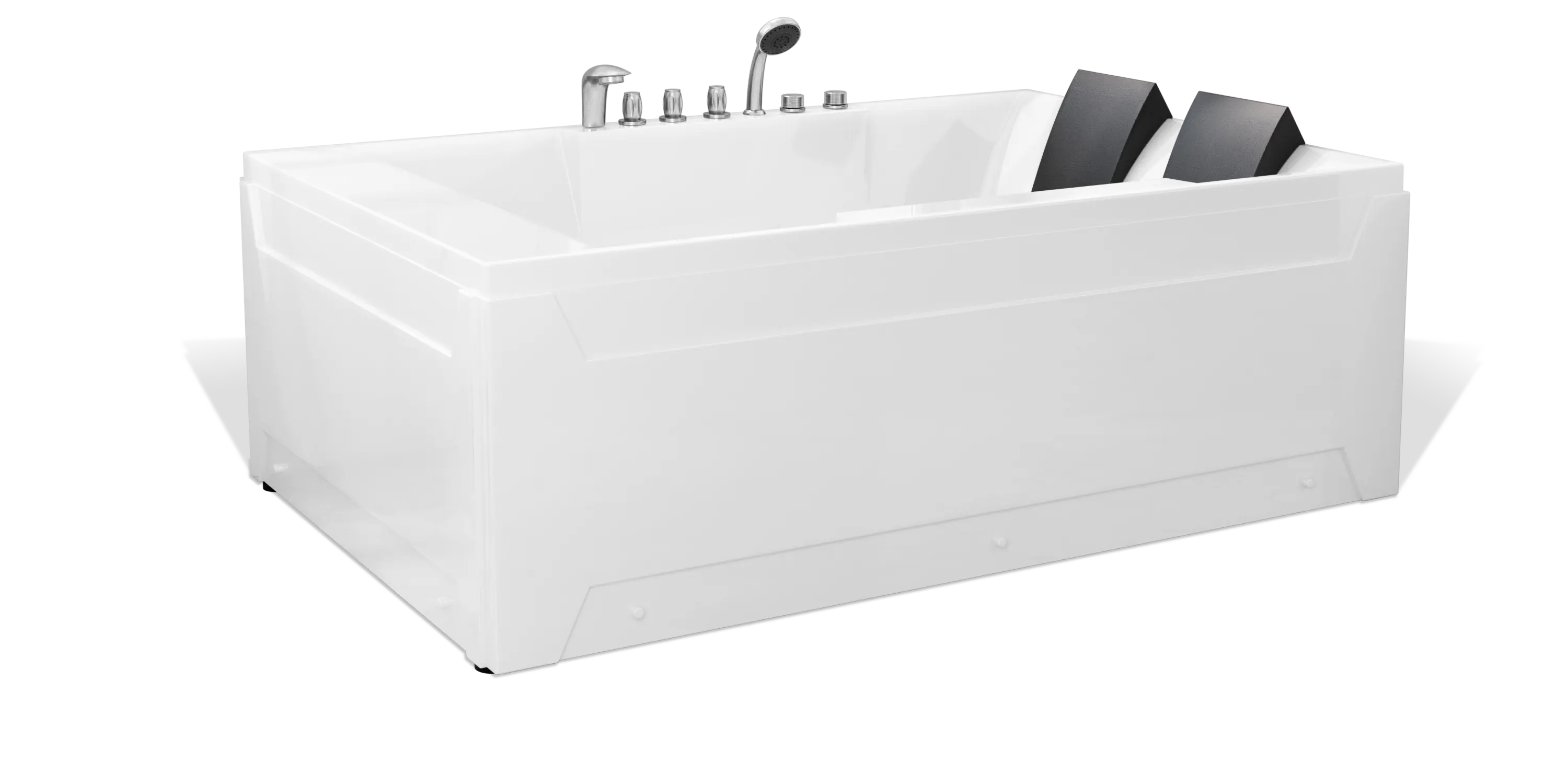 A modern white Empava bathtub with sleek design features, including dual headrests and a set of chrome faucets and controls situated at one end. The bathtub has a rectangular shape and appears spacious and luxurious.