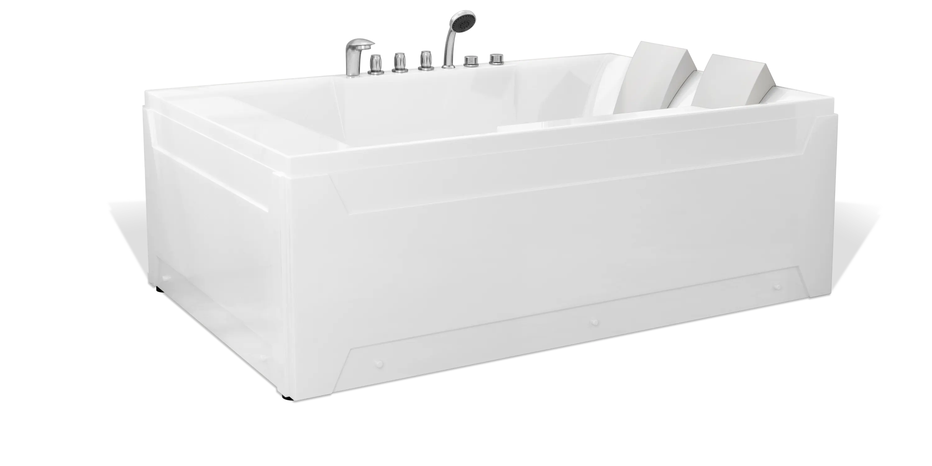 The Empava modern white bathtub is designed for two, featuring dual headrests and multiple controls for water flow and temperature. The sleek, rectangular design includes built-in armrests for added comfort, set against a plain white background.