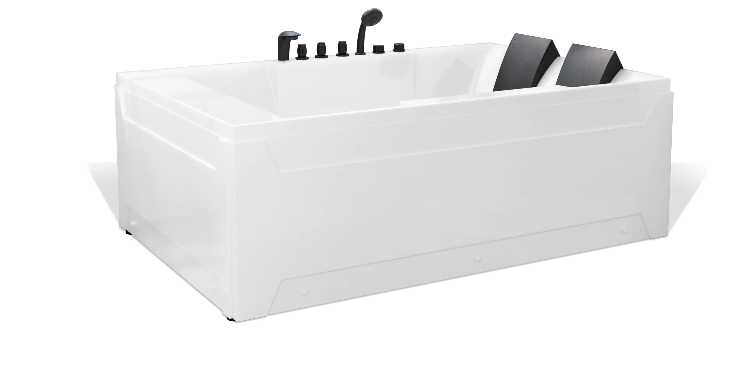 The Empava rectangular, white bathtub boasts a sleek, modern design with black headrests on one side, multiple faucet controls, and a contemporary style. Perfect for two people, its angular and geometric shape ensures both comfort and elegance.