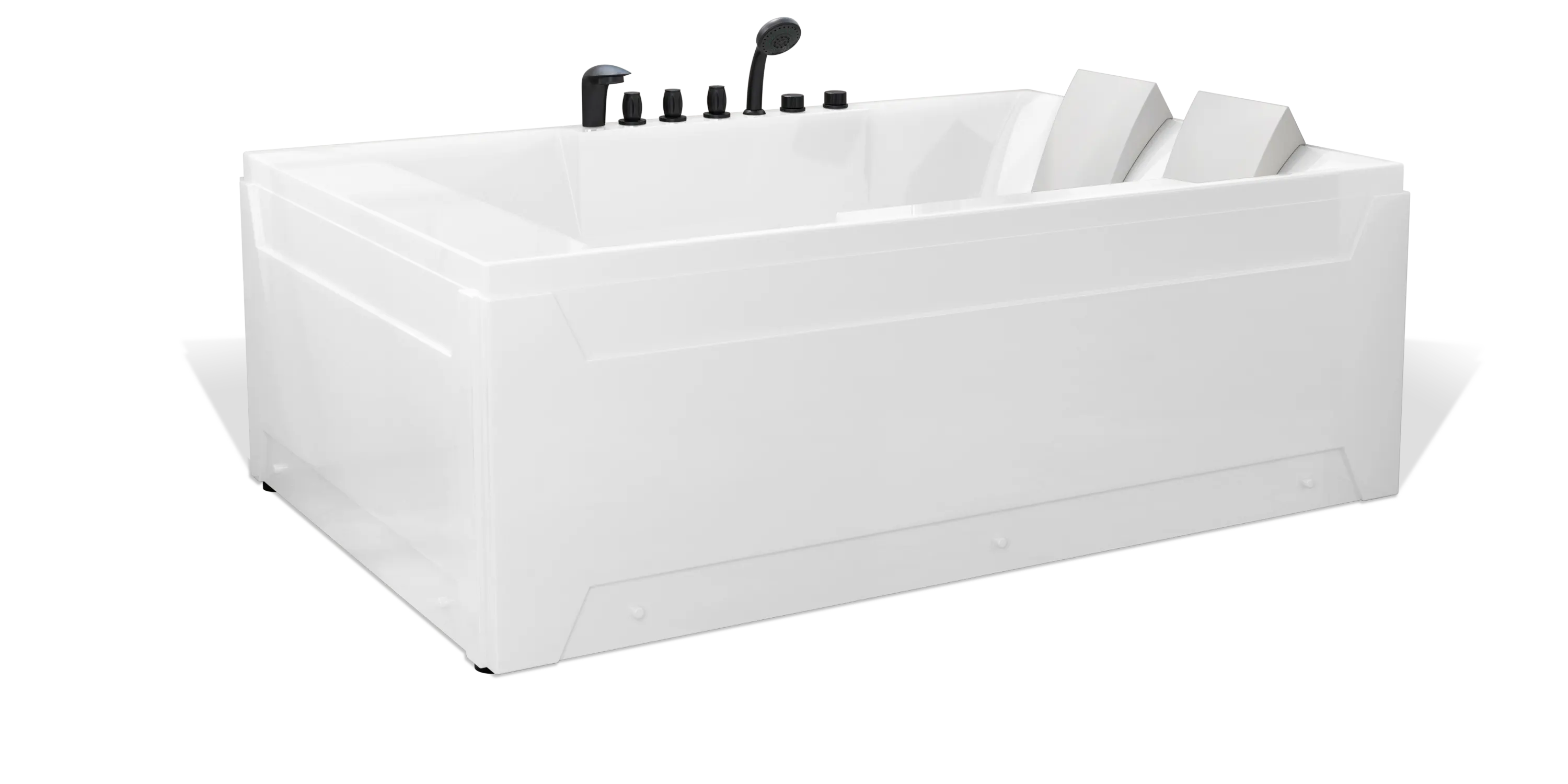 A white, modern rectangular Empava bathtub with built-in headrests and various black faucet controls on one side. The tub has a sleek, clean design and appears to be designed for comfortable, luxurious baths.