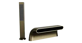 Two modern, brass-colored Empava objects are shown. On the left is a tall, slim, rectangular device standing vertically. On the right is a shorter, wider device with a curved base and an elongated oval shape at the top. Both have black accents.