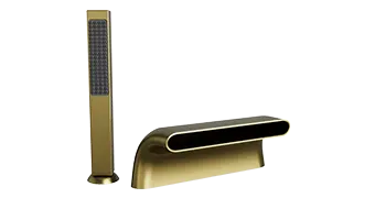 Two sleek, gold-colored electronic devices are shown. The left Empava device is tall and rectangular with a grid pattern on its front. The right device is horizontally oriented with a smooth, curved design featuring a black front. Both appear modern and minimalist.