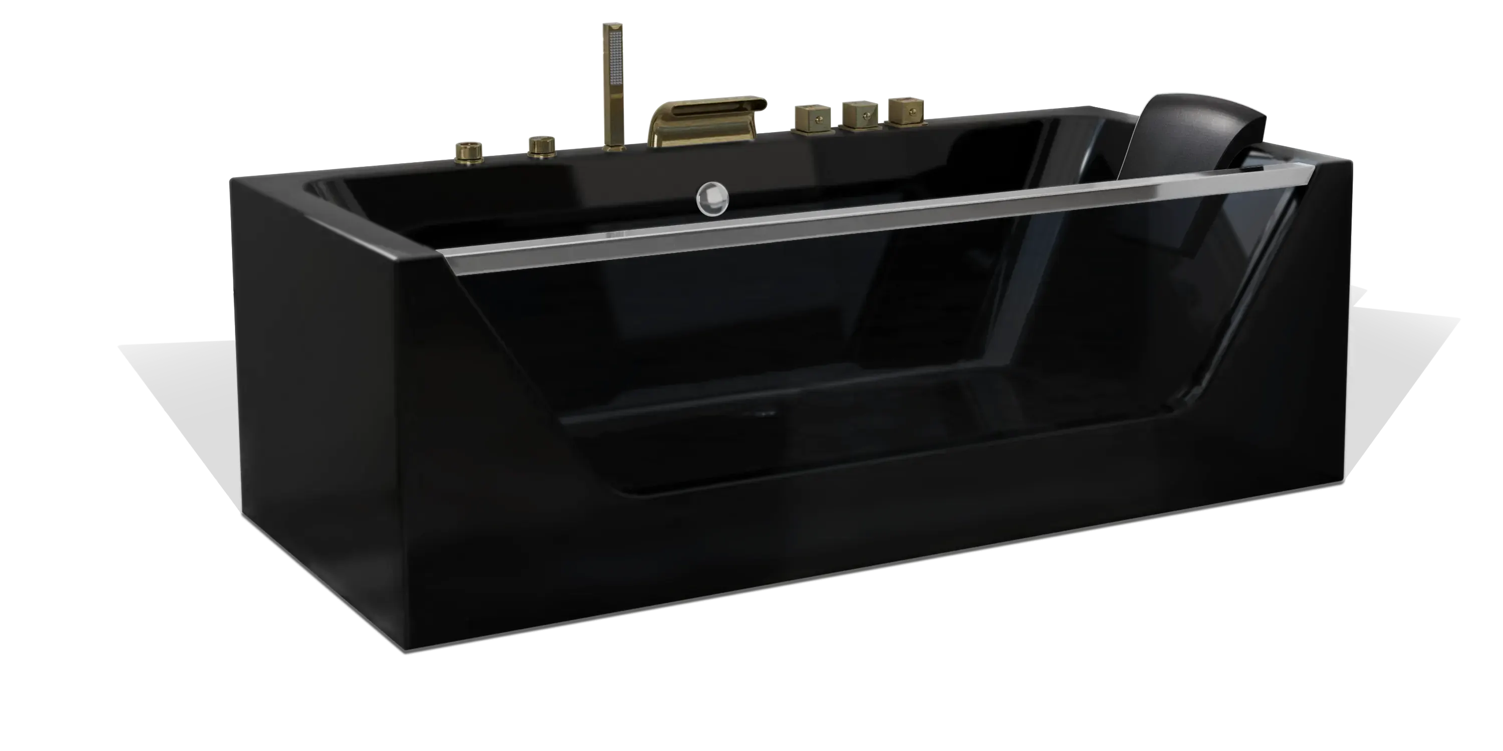A sleek, modern black Empava bathtub with angular sides and a built-in headrest. It features metallic fixtures, including faucets and knobs, giving it a luxurious appearance. The Empava bathtub is placed on a white surface.